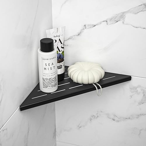 Miniatura 7 de Estante esquinero de ducha de 10 pulgadas, color negro mate con diseño de ranura de acero inoxidable 304, estantes esquineros empotrados, estante de