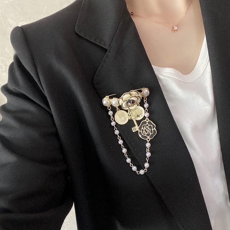 Miniatura 7 de Broche de cadena colgante de perlas de imitación, elegantes alfileres de solapa, regalo de joyería vintage para mujer, Perla simulada, aleación,