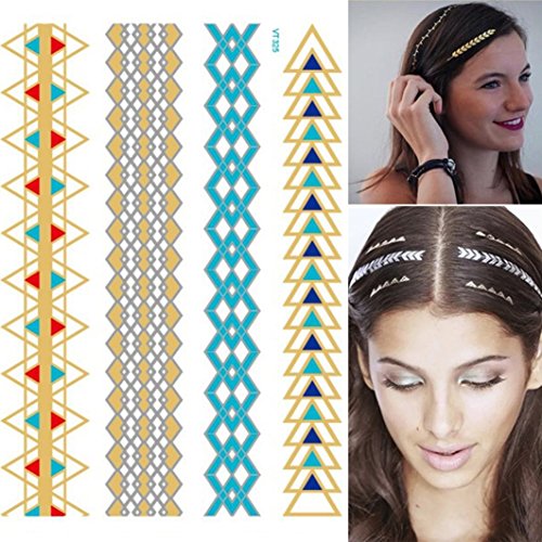 Fabal Metallic Hair Temporary Tattoos Gold Silver, Feathers Tribal Foil Shimmer (E)