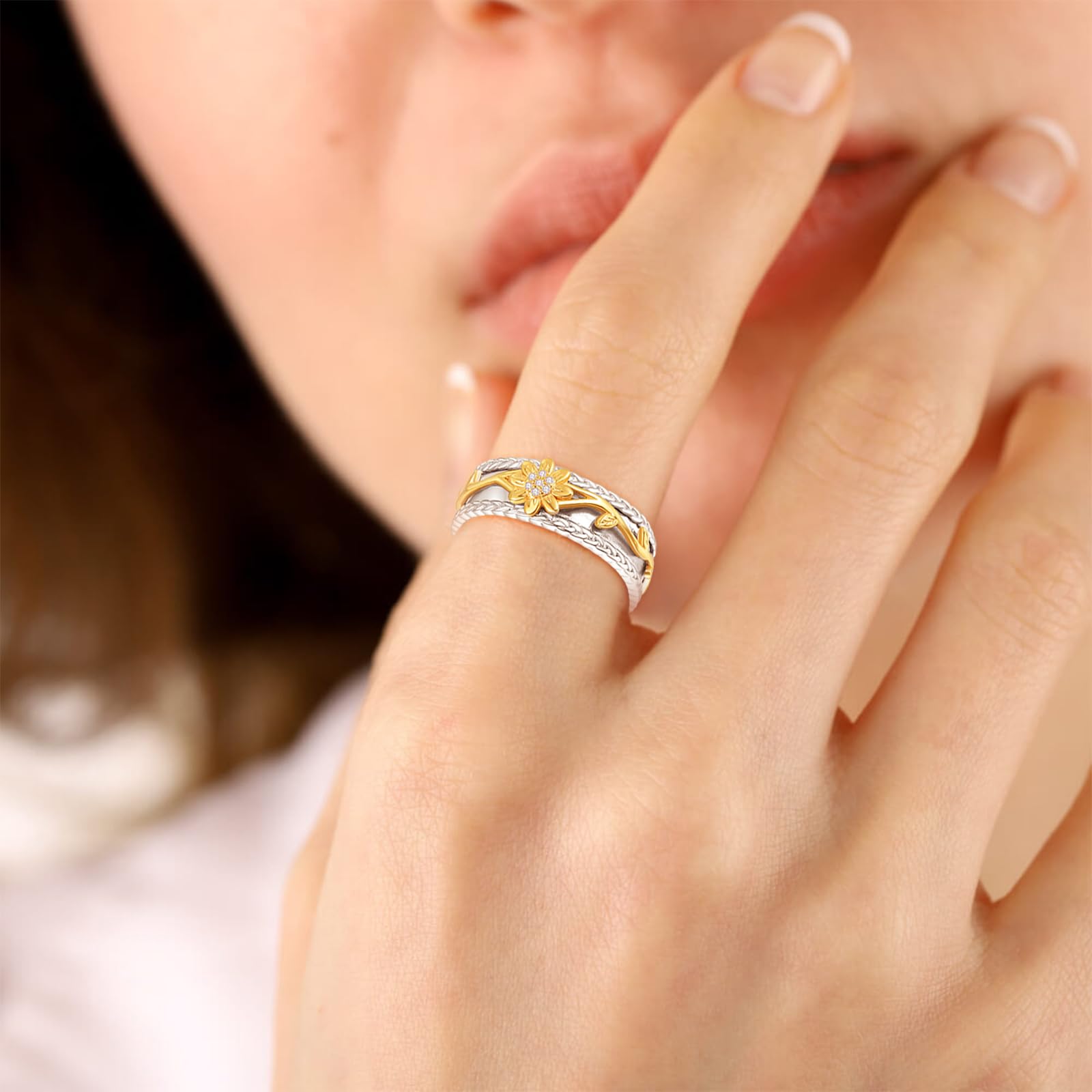 KINGWHYTE Gänseblümchen Fidget Ringe 925 Sterling Silber Daisy Spinner Ringe Anti Stress Stimmung Ring Geburtstag Schmuck Geschenk für Frauen