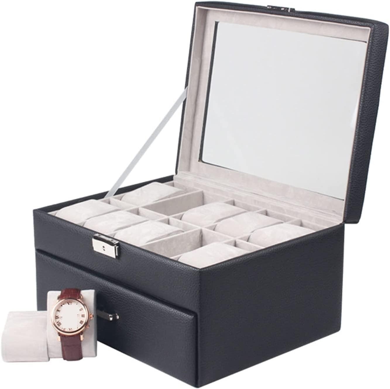 Estuche Para Relojes, Enrollador De Relojes, Enrollador De Relojes, Organizador De Relojes, Expositor De Doble Capa Con 20 Ranuras, Caja De Almacenamiento Para Reloj（Black-29.5*23*15.5Cm）