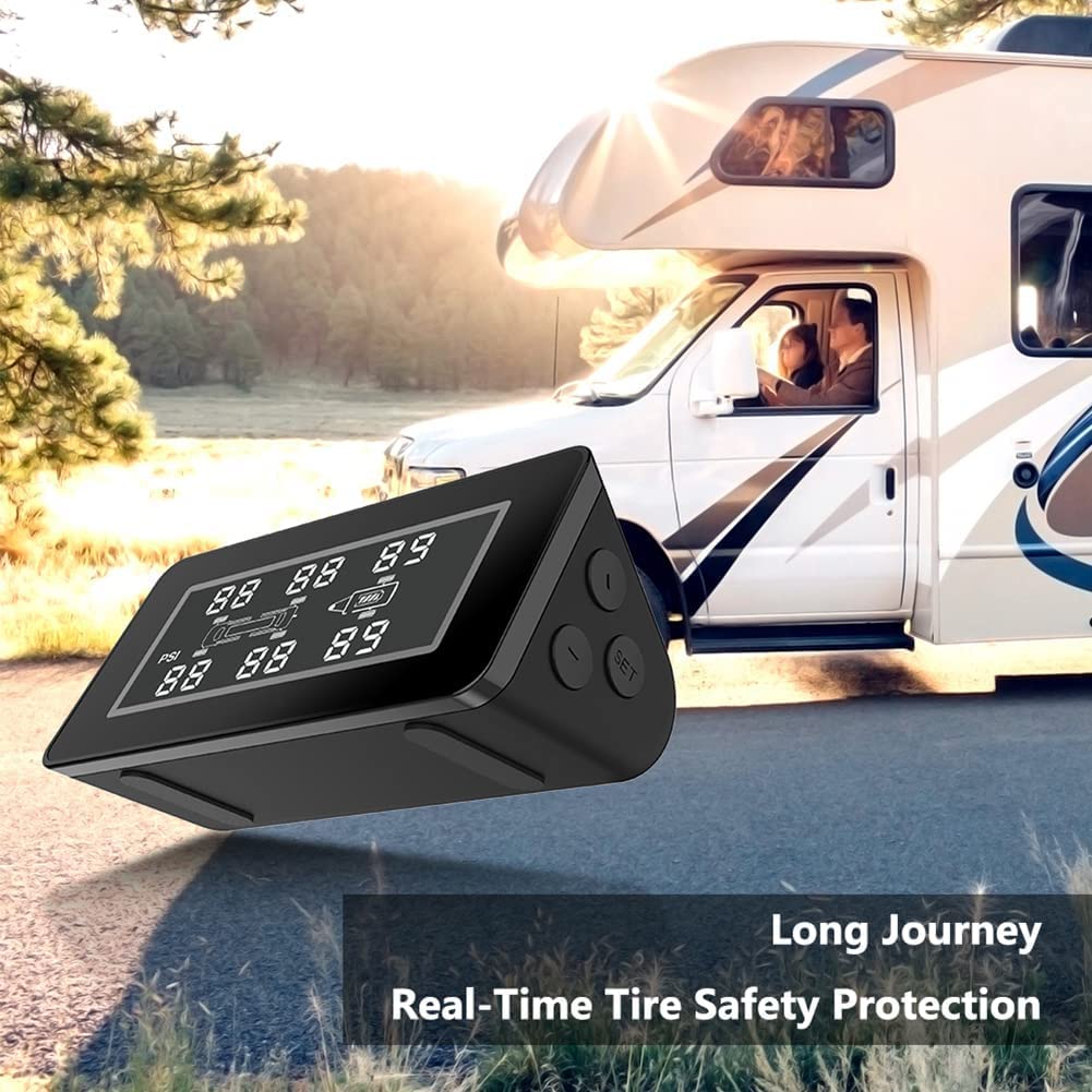 RUONIAN TPMS System monitorowania ciśnienia w oponach zasilanych energią słoneczną, z 6 zewnętrznymi czujnikami, wyświetlaczem LCD w czasie rzeczywistym i funkcją alarmu do kamperów, samochodów