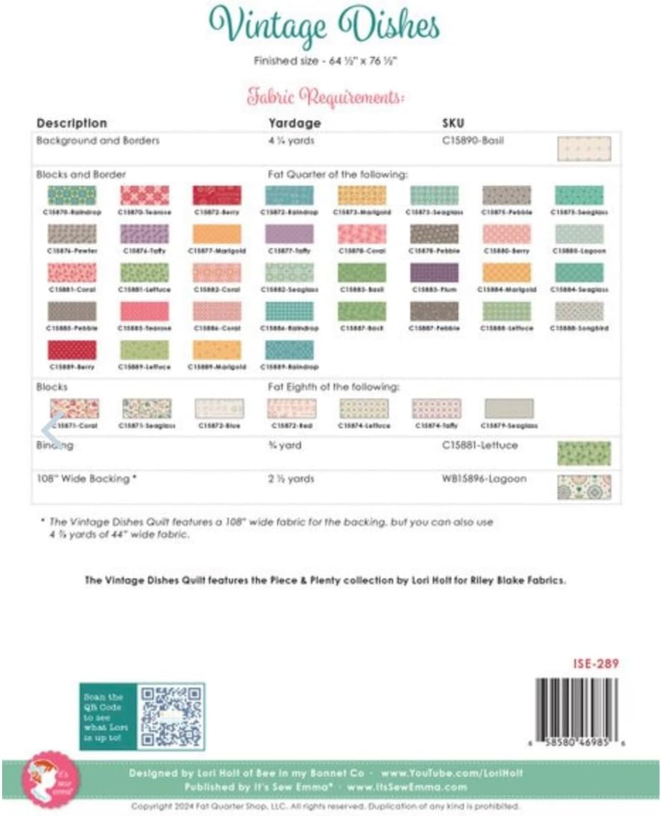 Riley Blake It's Sew Emma Vintage Dishes Quilt Pattern By Lori Holt of Bee in My Bonnet, Creative and Unique Quilt Pattern.
