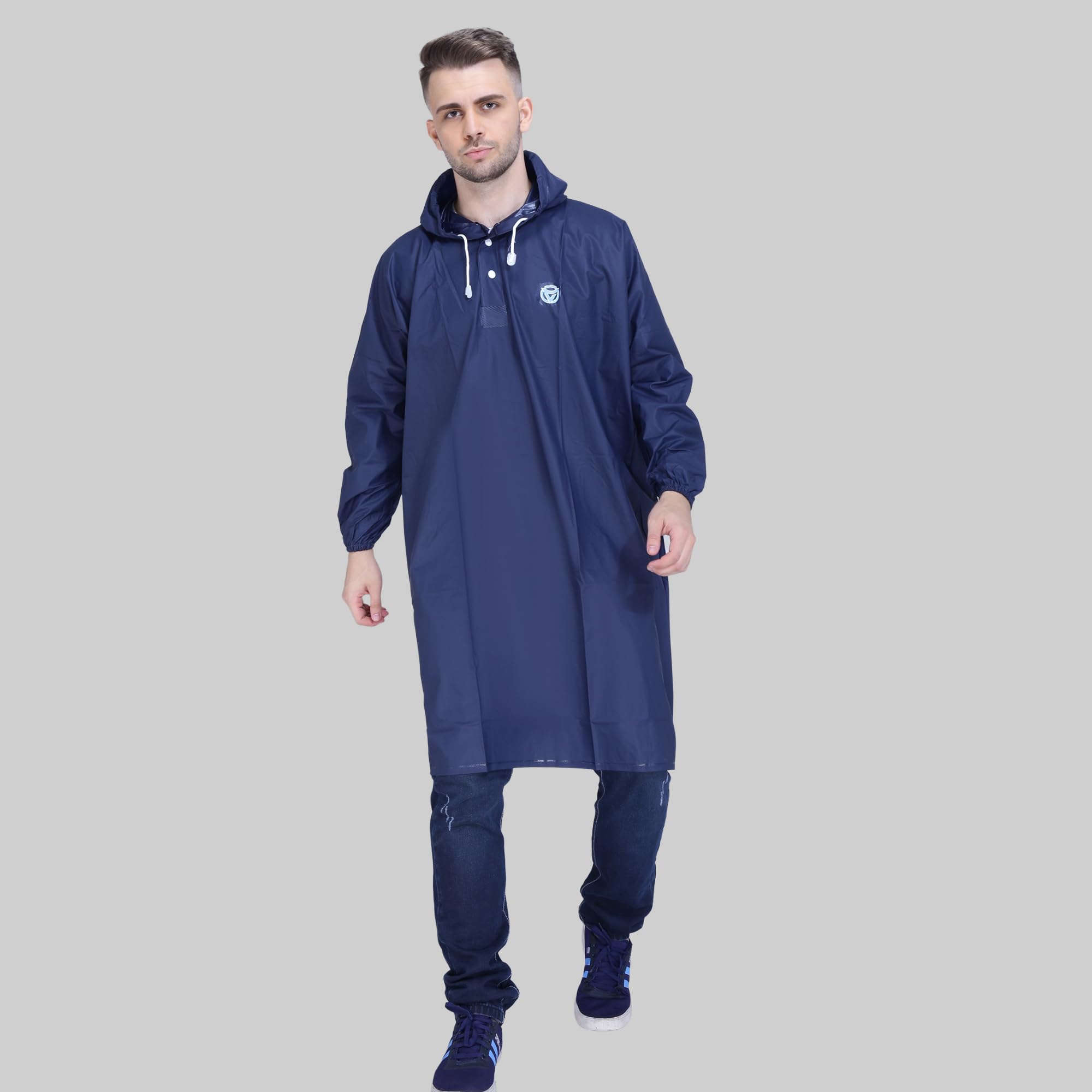 VARSHA Unisex PVC Waterproof Rain Poncho for Adult, Reusable Raincoat with Adjustable Hood and Elasticated Cuffs, One Size Fits All Rain Poncho Black & Blue (IN, Alpha, Free Size, Blue) 3