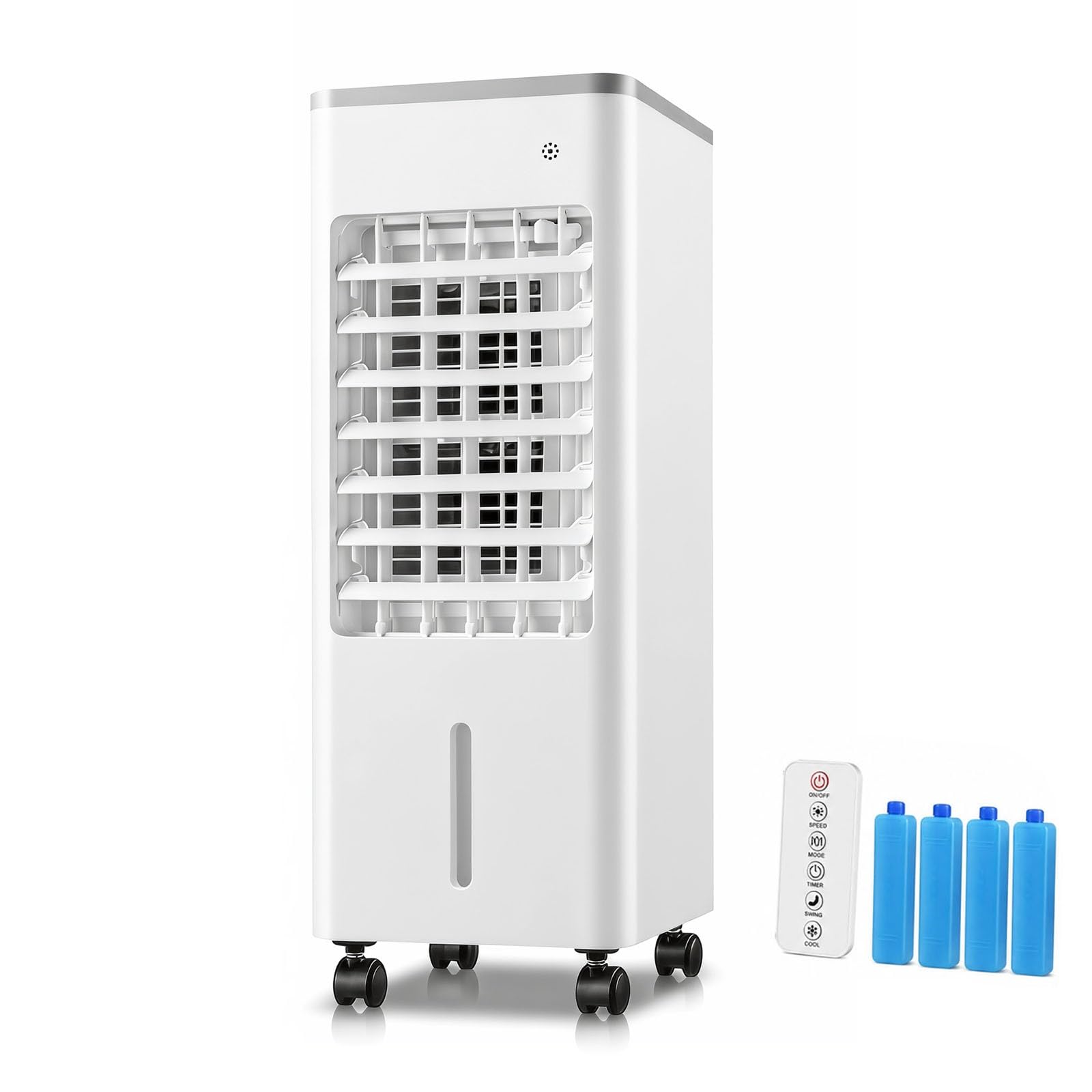 Rinfrescatore d'Aria Evaporativo 6L, Ventilatore Portatile con 4 Panetti di Ghiaccio, 3 Velocità, Timer 8H, Telecomando & Touch Control(White)