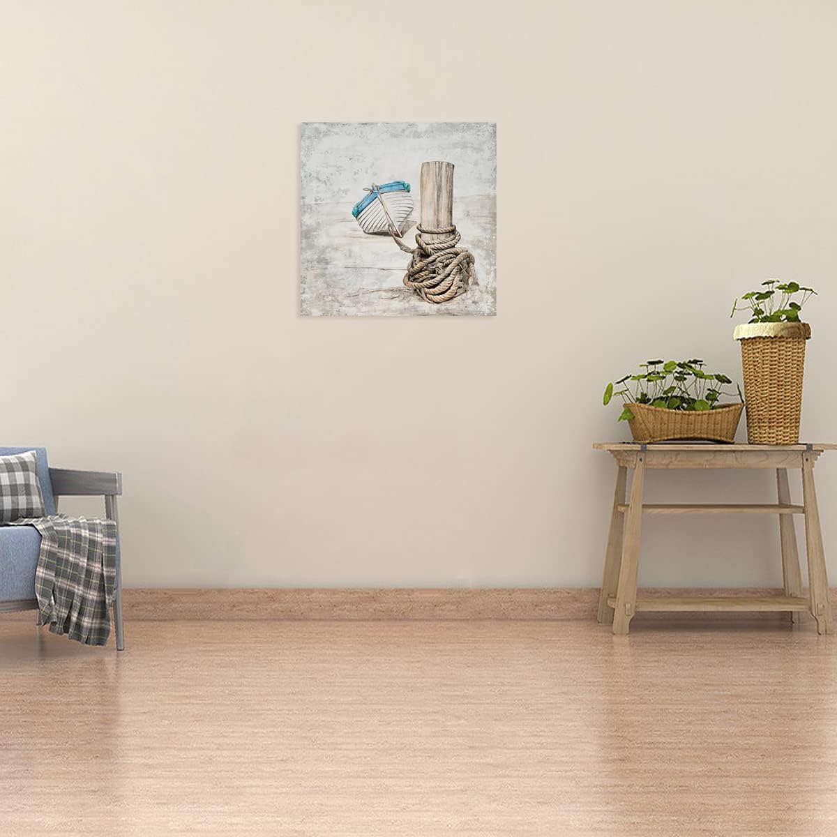 YHSKY ARTS Nautical Canvas Wall Art with Hand Painted Textured, Modern Vintage Boat Paintings - Contemporary Rustic Coastal Pictures Artwork for Farmhouse Living Room Bedroom Bathroom Decor Rustic Boat 40x40IN