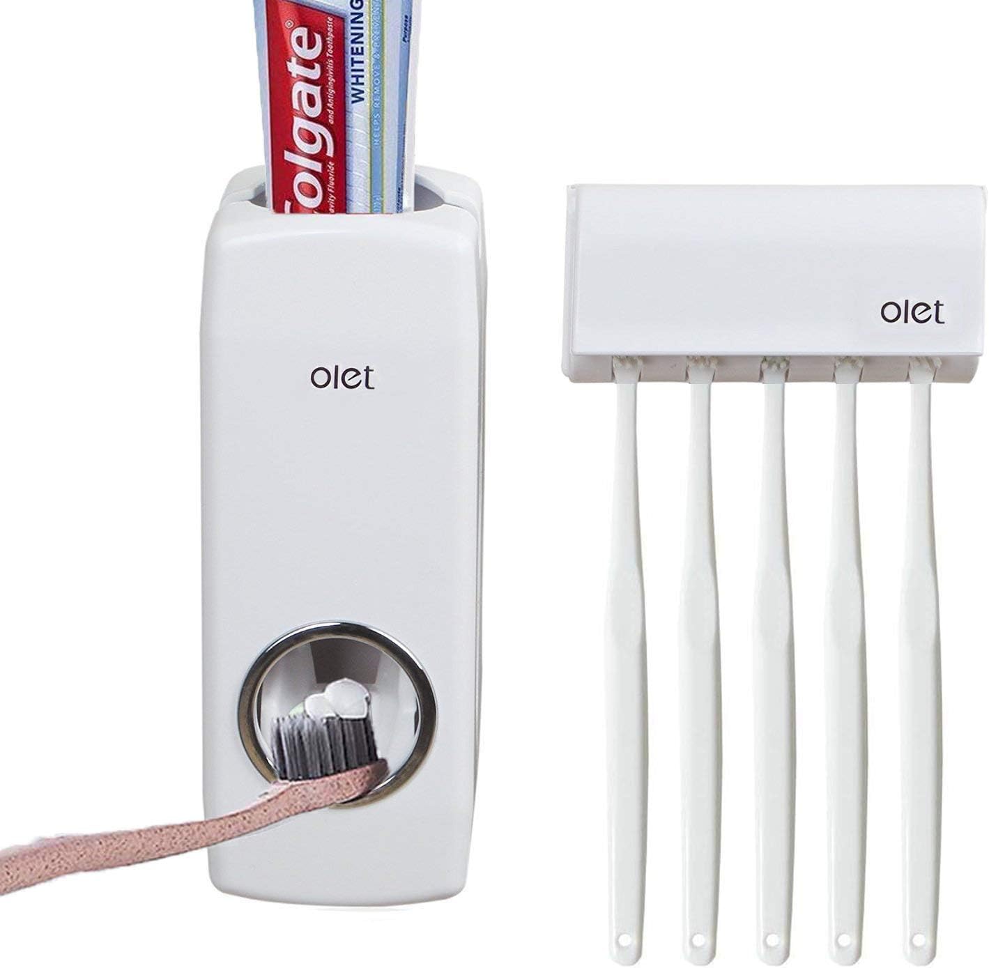 Toothpaste Dispenser Wall Mounted 5 Toothbrush Holder with Automatic Toothpaste Squeezer Dispenser Anti-dust Toothbrush Holder Bathroom Accessories for Kids (White)