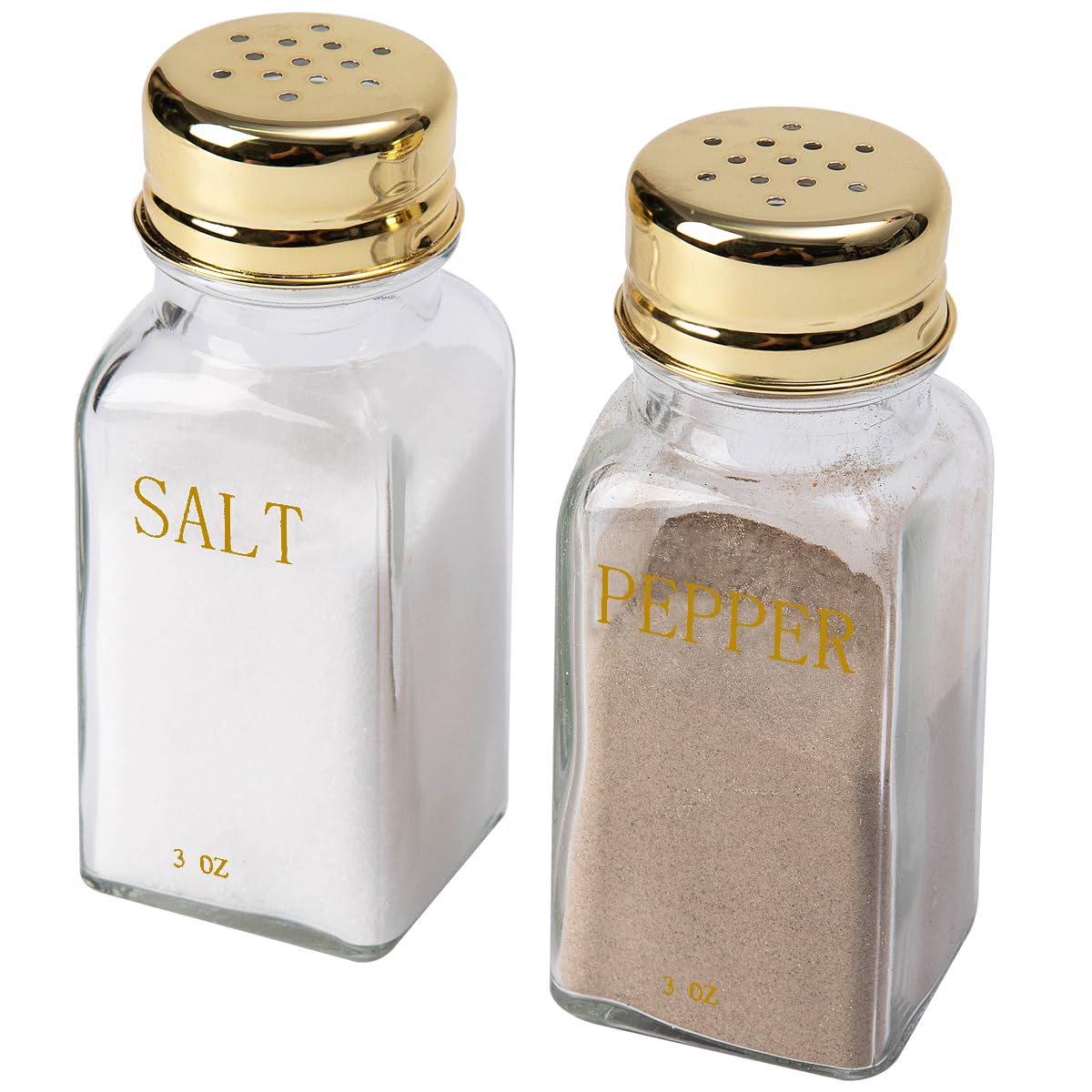 Gold Clear Salt and Pepper Shakers Set- Modern Kitchen Decor, White and Gold Kitchen Decor & Accessories,Cute Salt And Pepper Shakers,Vintage Glass Shakers with Stainless Steel Lids for Home