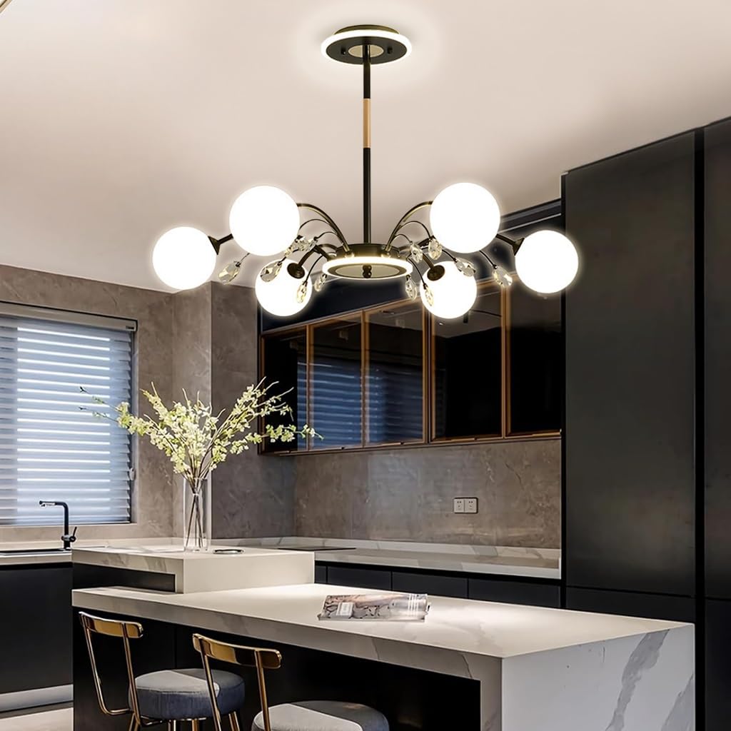 LYSDjia Sputnik Chandelier Gold Modern Chandeliers Mid Century Ceiling Lighting Fixture Crystal decoration Pendant Light with Milk White Glass Shade for Living Room Kitchen Bedroom Dining Room and Far