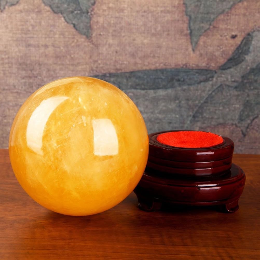 Desktop Decoration Crystal Gemstone Ball Sphere Citrine Crystal Ball with Wooden Base Feng Shui Office Living Room Ornaments,16cm