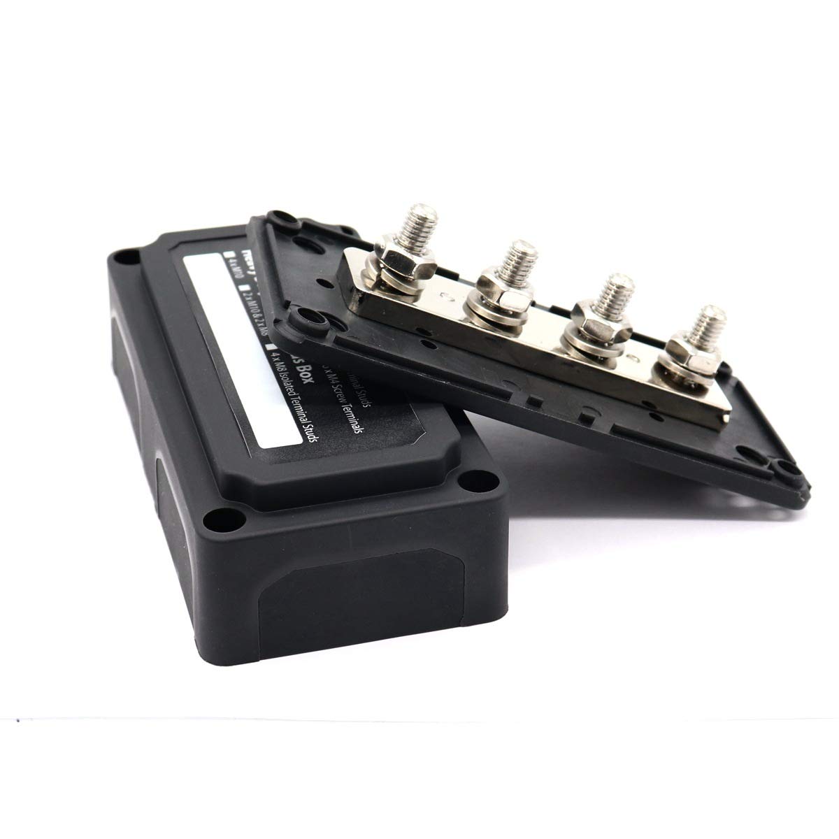 Black 300 A Bus Bar Box Heavy-Duty, moduł, blok rozdzielczy zasilania z 4 x zaciskiem śrubowym M8, blok przyłączeniowy akumulatora 12 V - 48 V DC, do samochodów morskich, solarnych