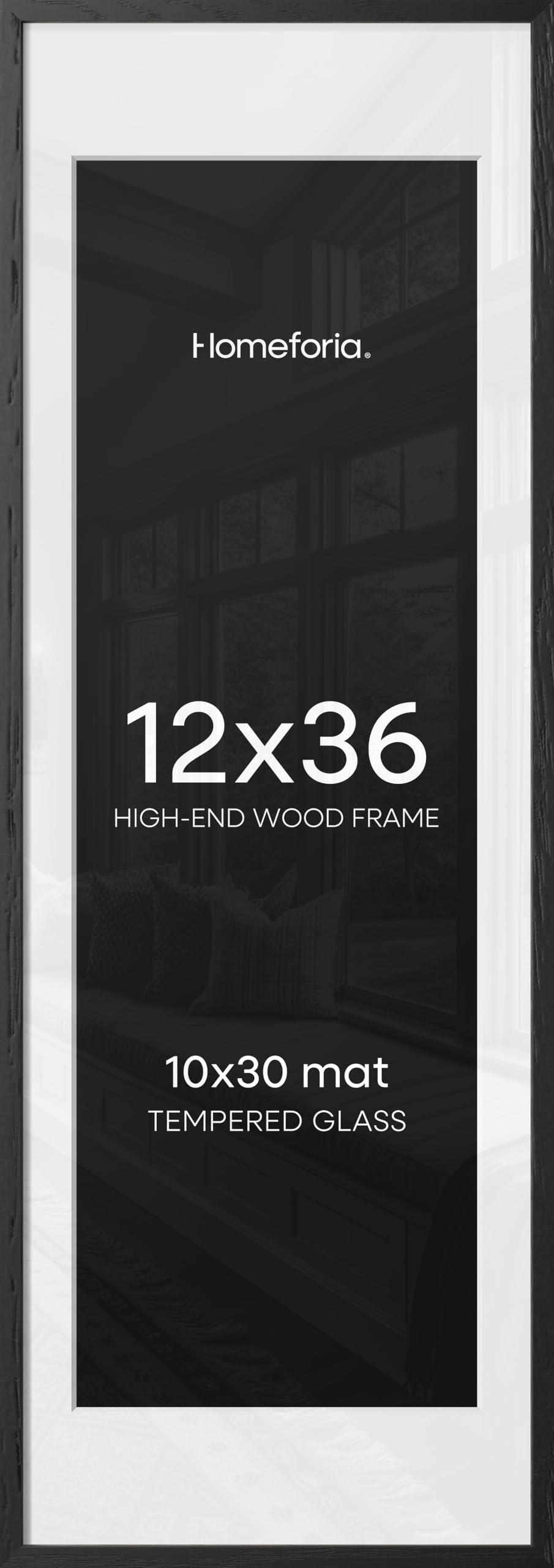 Homeforia 12x36 Black Oak Picture Frame, High-End Wood, 10x30 Mat, Glass | High End Solid Oak Wood, Tempered Glass, Acid-Free 10x30 Removable Mat, 12x36 Edge-to-Edge Display 36x12, Wall Kit, Set Of 2