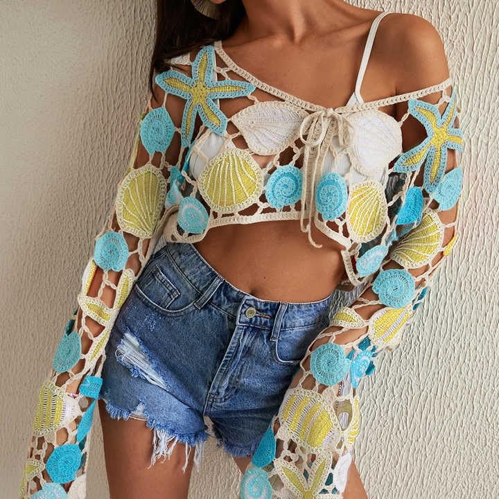 Handmade Crochet Beach Cover Up, Boho Floral Pattern, Turquoise and Coral, Long Sleeve3