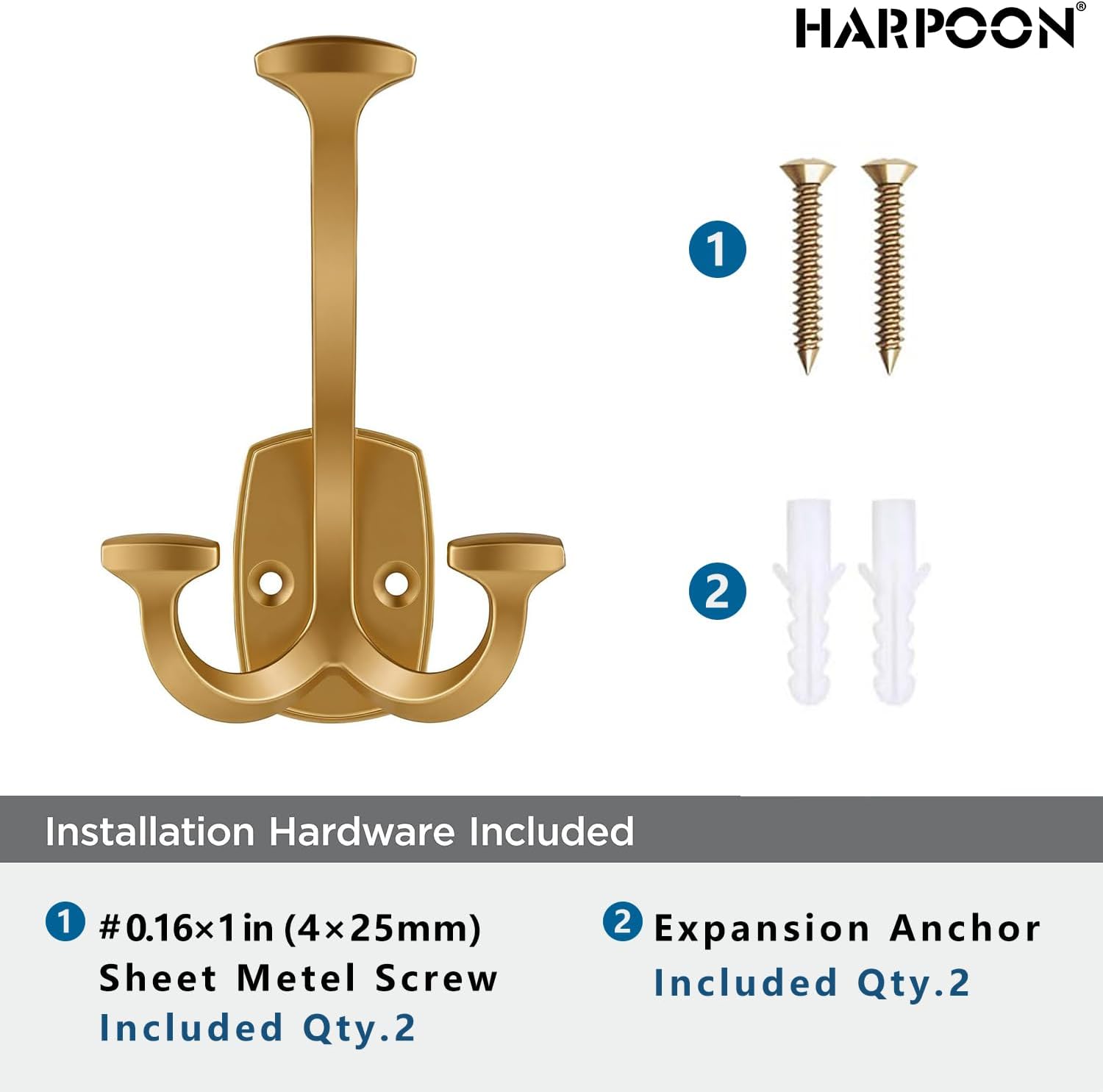 HARPOON Triple Prong Decorative Wall Hook | 3 Pack Brushed Gold Hook for Coat, Hats, Backpacks, Bags | Hooks for Bathroom, Bedroom, Closet, Entryway, Laundry Room, Office