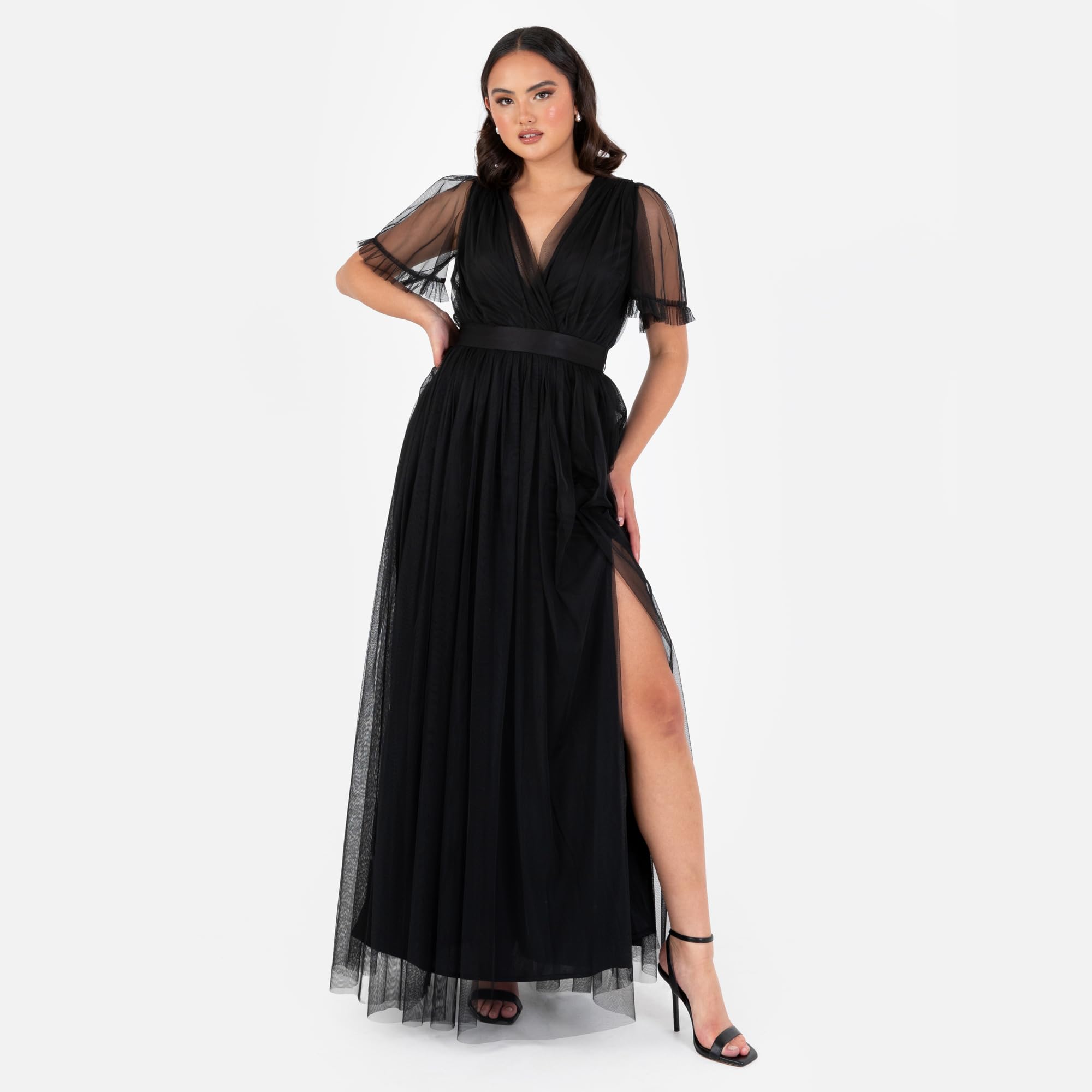 Anaya with Love Damen Ladies Maxi Dress for Women V Neckline Short Sleeve Frilly Long Empire Waist for Wedding Guest Bridesmaid Maid of Honour Kleid