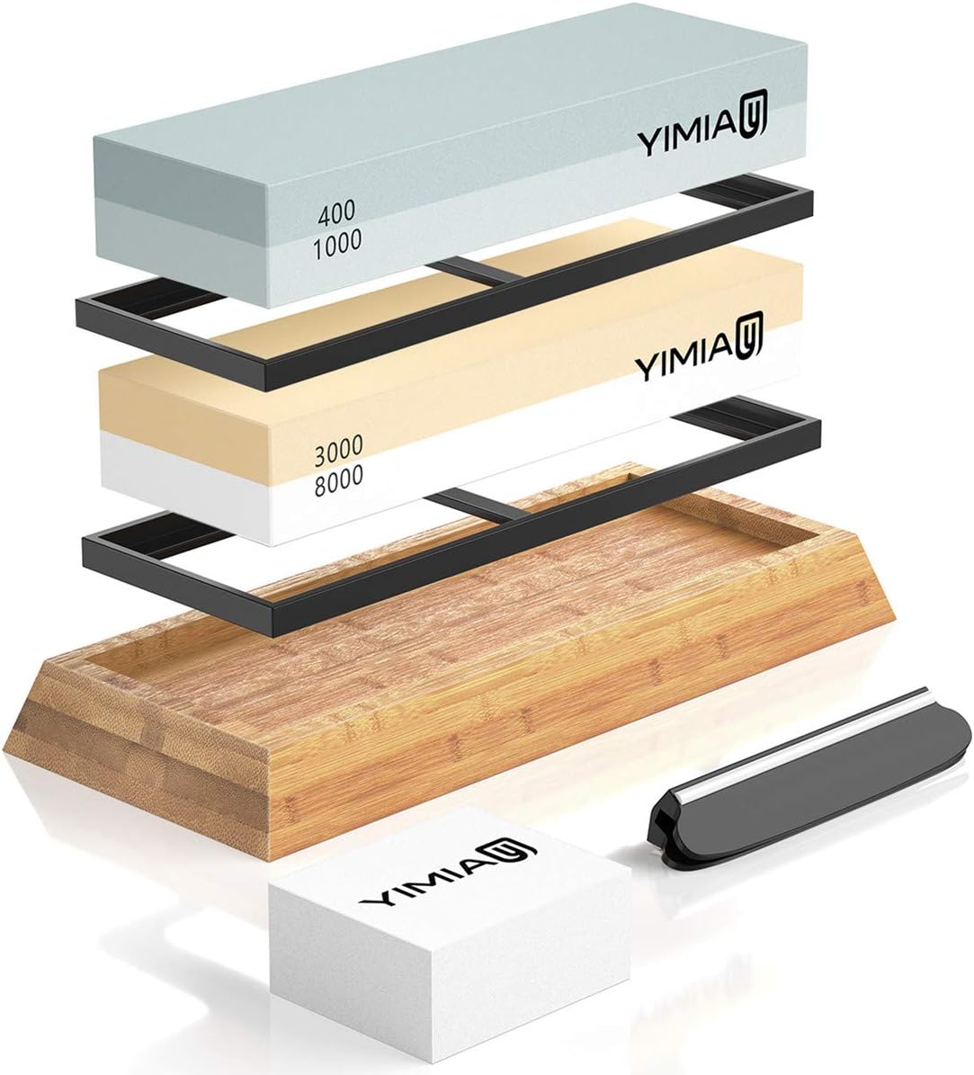 Premium Knife Sharpening Stone Set, YIMIAY 4 Side Grit 400/1000 3000/8000 Whetstone, Knife Sharpening Stone Kit with Non-Slip Bamboo Base & Flattening Stone & Angle Guide
