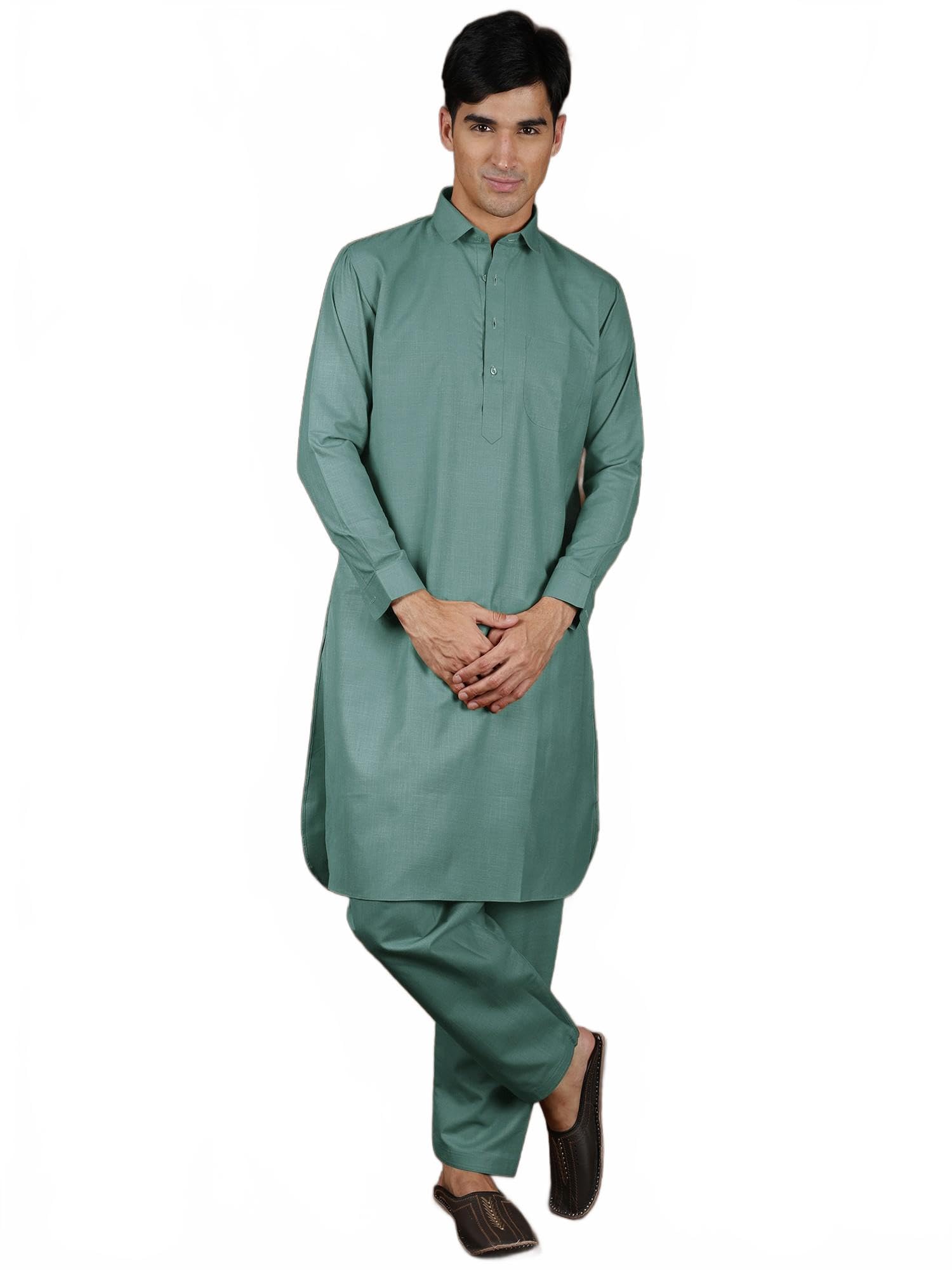 Plain Pure Cotton Pathani Kurta Pajama Set with Front Pocket-image-36