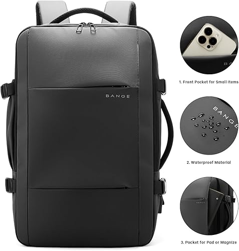 Vista 12 de BANGE Mochilas de viaje, mochilas de mano aprobadas para vuelo, mochila para laptop de 17 pulgadas para bolsa de viaje internacional, mochila