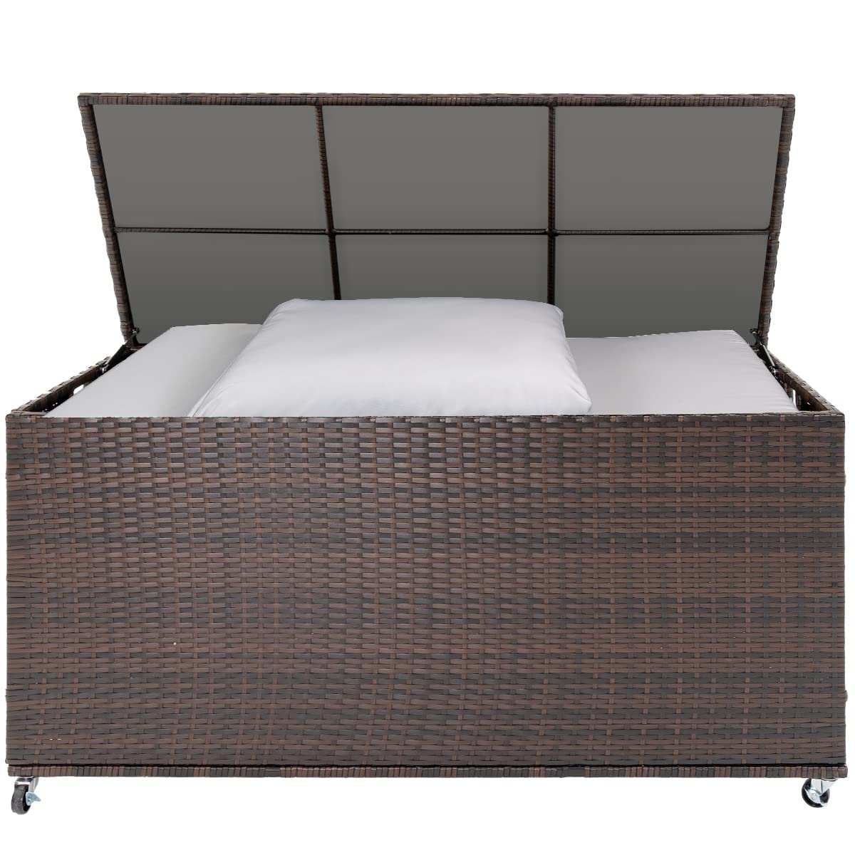 Sundale Outdoor 160 Gallon Rattan Storage Box with Wheels, Wicker Patio Deck Boxes with Lid, Outdoor Cushion Storage Container Bin Chest for Covers, Pillows, Towel - Variegated Brown