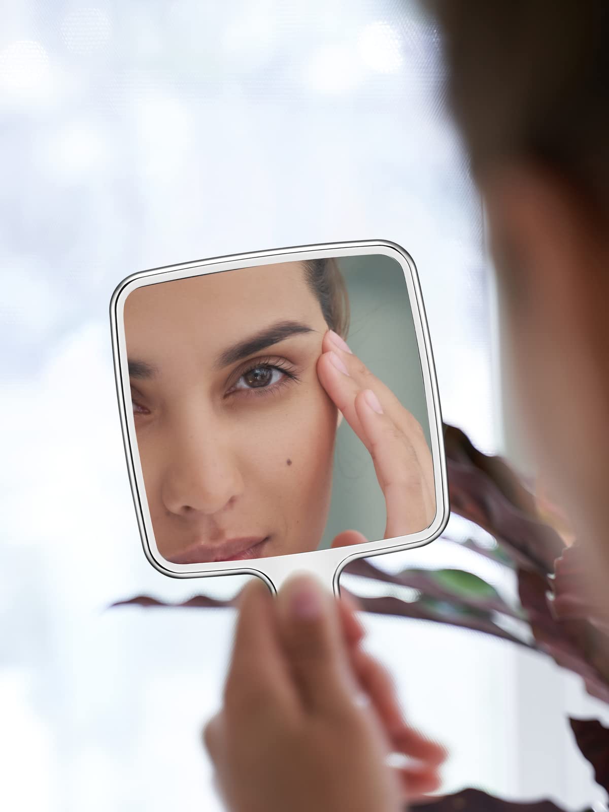 Espejo de mano, espejo de mano con ondas de agua con mango para maquillaje, cuadrado, plateado, pequeño (4 x 7 pulgadas) 4