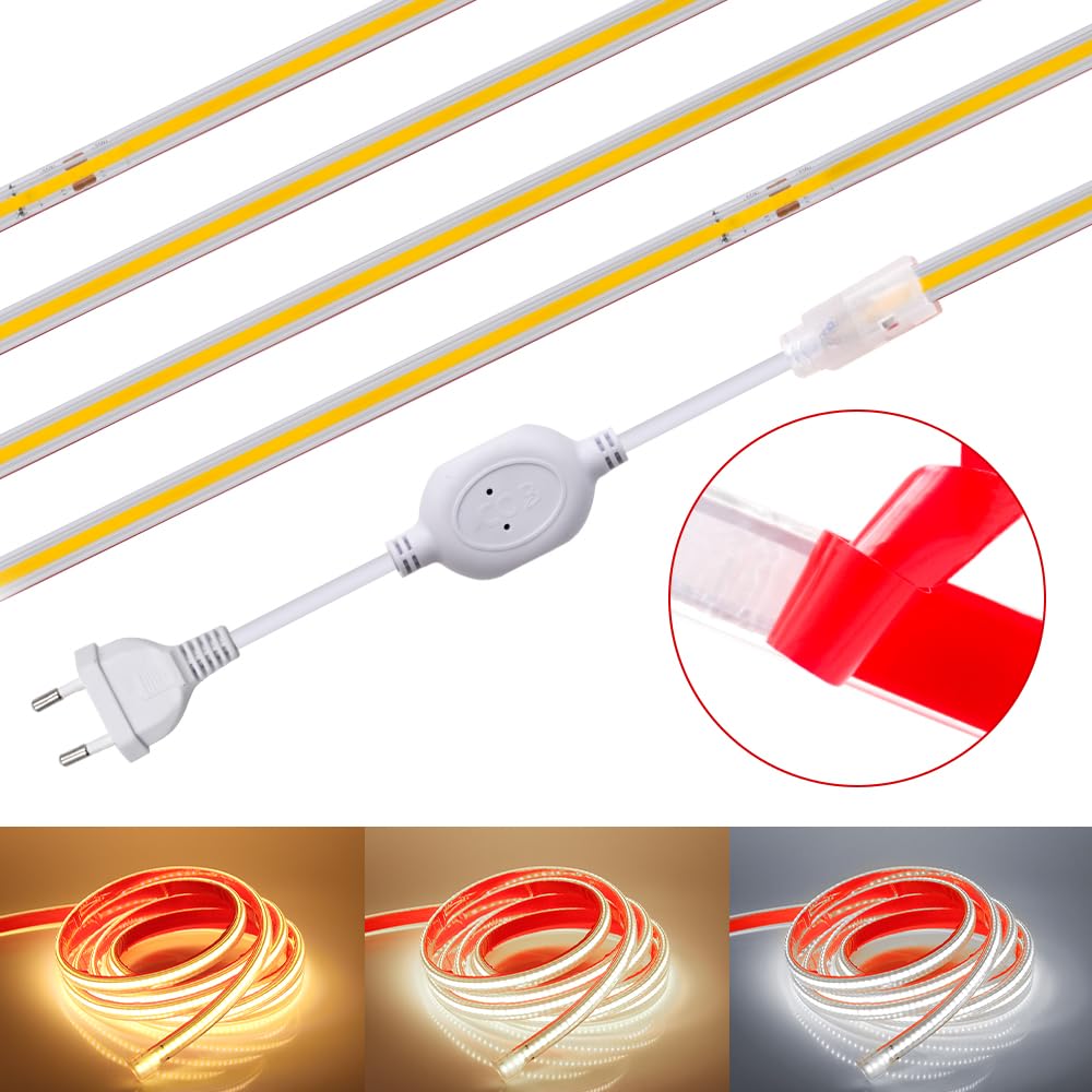 KISUFU Tira de LED COB 220V, Alto brillo 288 LED/m Tira de LED Tener Pegamento de doble cara COB IP65 Impermeable Strip Light para Dormitorio, Bar, hotel, Fiesta de Navidad, cocina.31M,Blanco natural