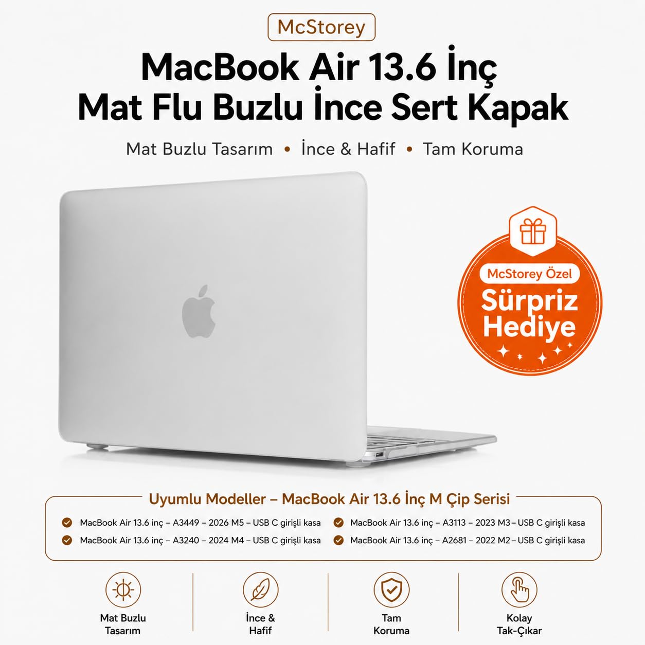 McStorey MacBook Air 13.6 İnç Kılıf A2681 A3113 A3240 A3449 M2 M3 M4 M5 Uyumlu Mat Buzlu Şeffaf Sert Kapak İnce Hard Case Şeffaf