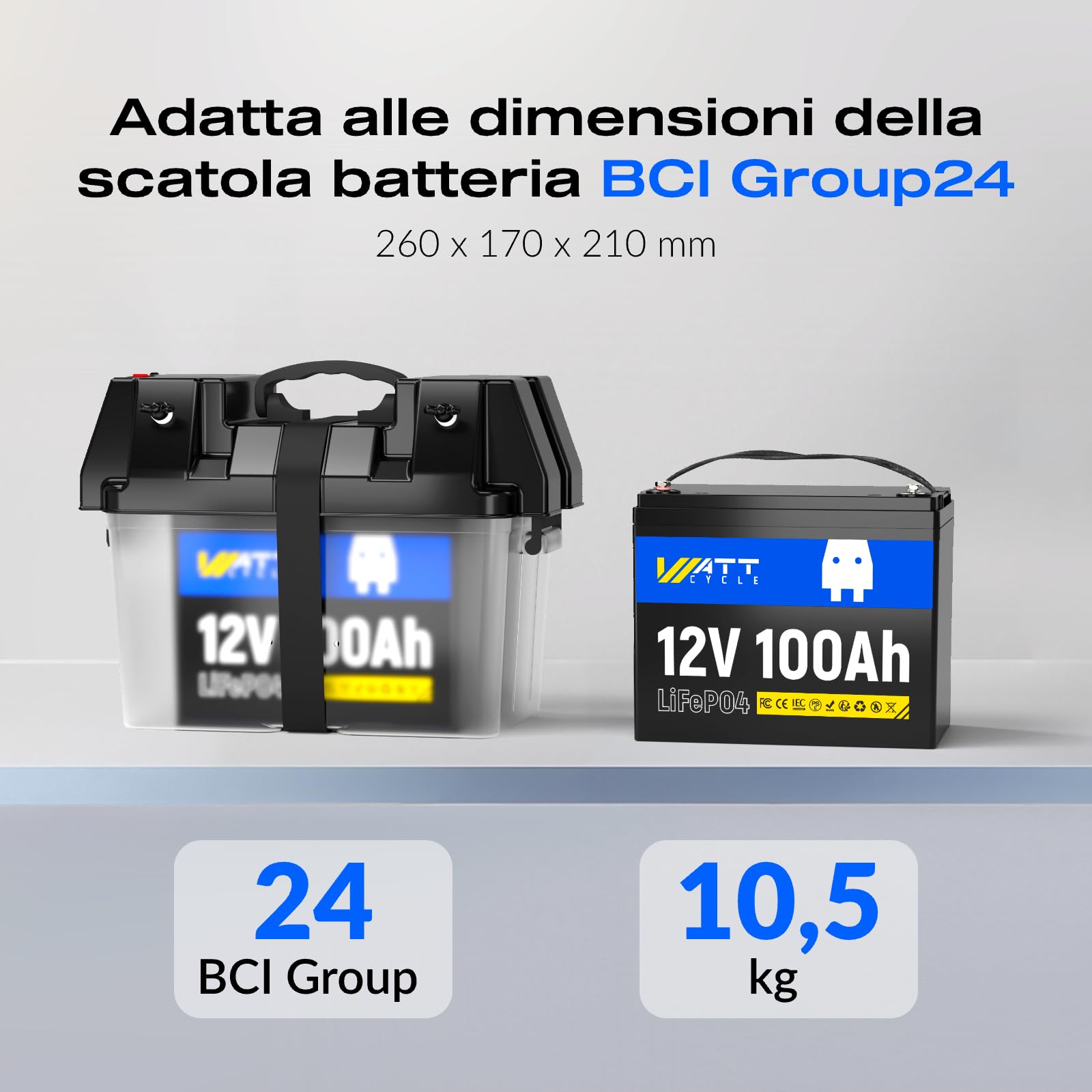 Wattcycle Batteria litio 12V 100Ah LiFePO4, BMS 100A e Protezione Bassa Temperatura, Potenza 1280W, 8000-15000 Cicli, per Camper, Sistema Solare, Off-grid