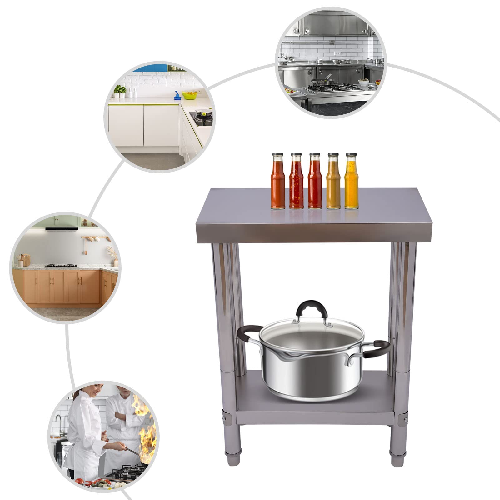 Mesa de trabajo de 2 niveles, mesa de cocina, mesa de preparación de alimentos, mesa de acero inoxidable, mesa de preparación comercial, 300 kg/661 kg, 60 x 30 x 85 cm