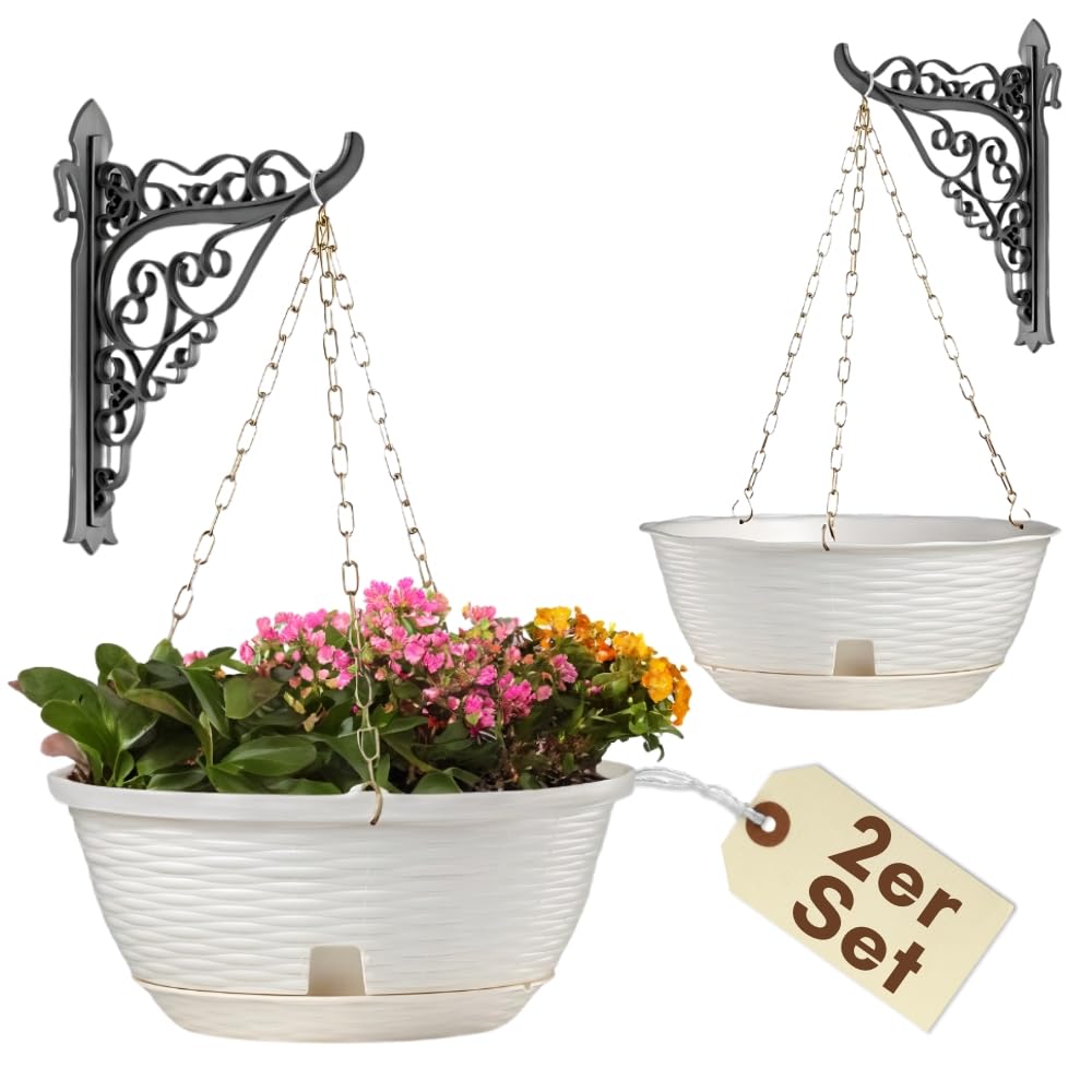 GarPet 2er Set Blumenampel Blumentopf hängend außen Hängetopf für Pflanzen Blumentöpfe zum aufhängen Hängeampel inkl. Kette Wandhalterung Rattan weiß: