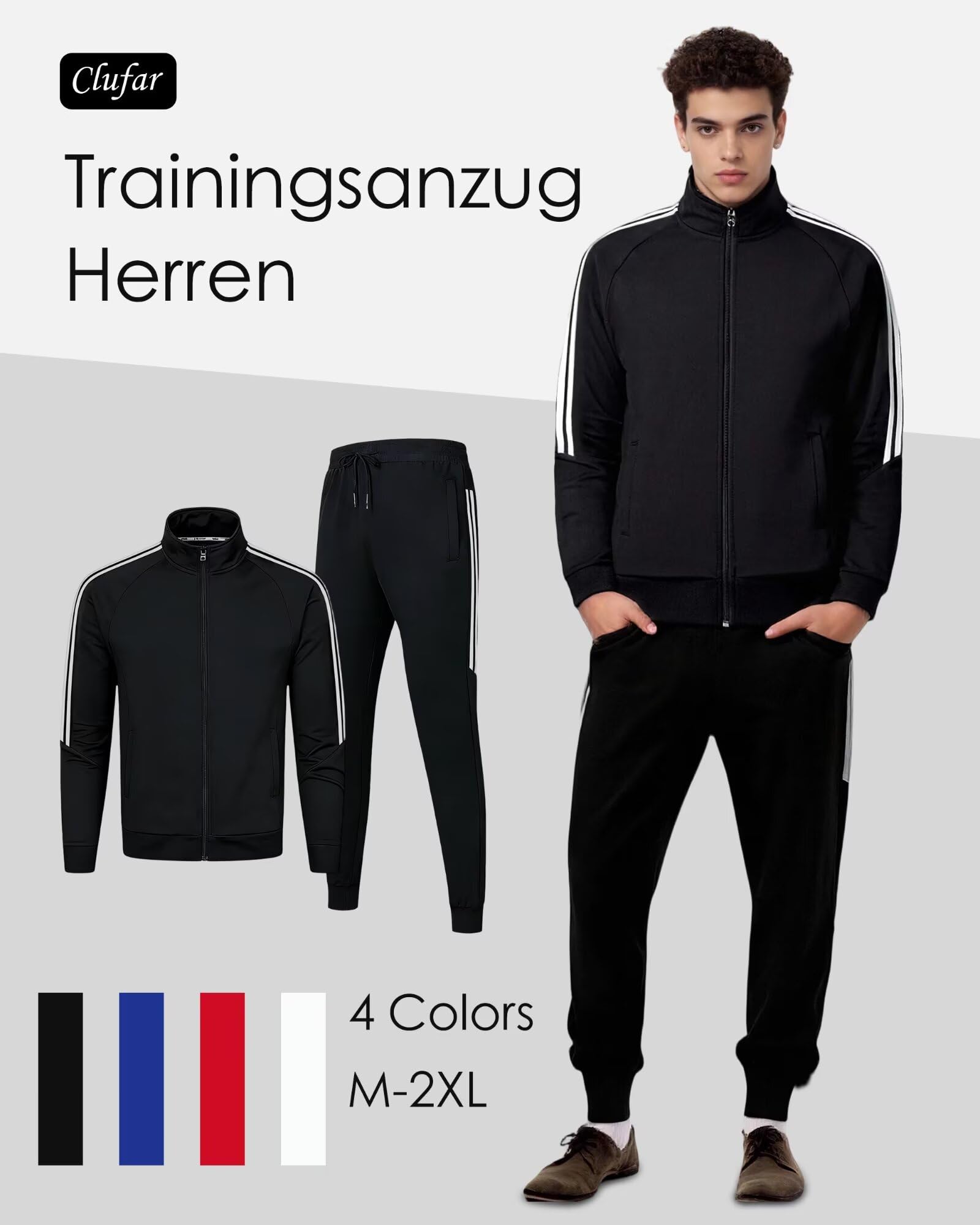 2 Pcs Herren Trainingsanzug Polyester Jogginganzug Herren mit Reißverschluss Sportswear Atmungsaktiv Tracksuit Fußball Teenager Sportanzug Freizeitanzug Männer Fitness Gym,Schwarz L