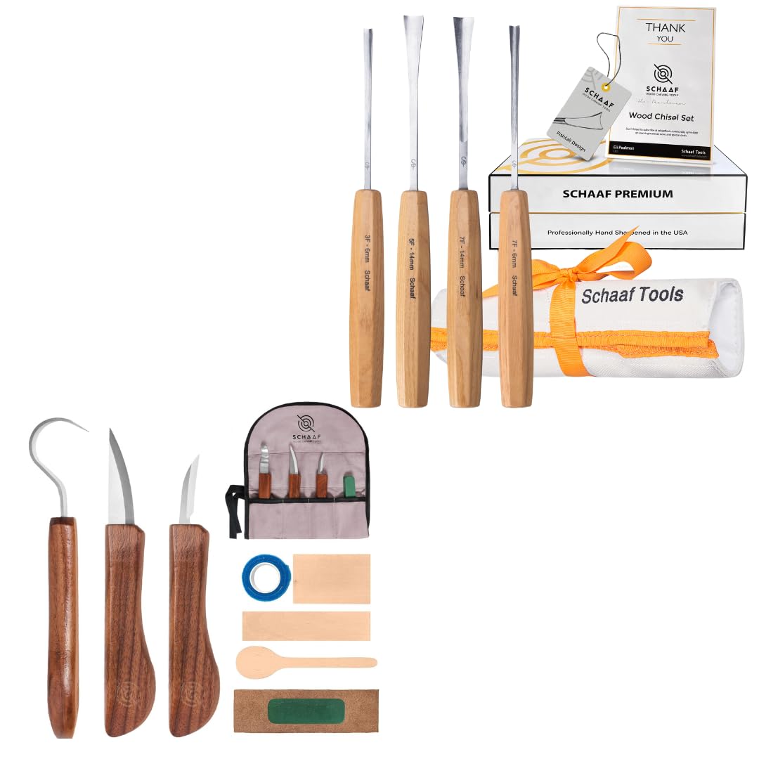 Schaaf Tools Professionally Hand Sharpened 4-Piece Fishtail Set and 3-Piece Wood Carving Knife Kit
