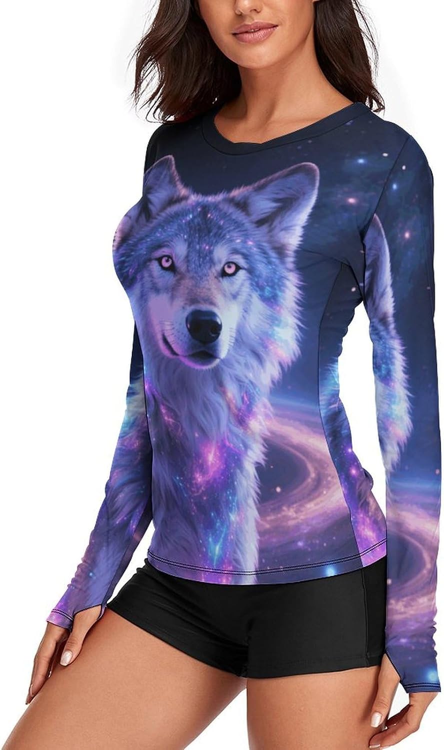 UPF 50+ Womens Sun Protection Shirts UV SPF T-Shirts Galaxy Wolf Long Sleeve Rash Guard Athletic Tops-