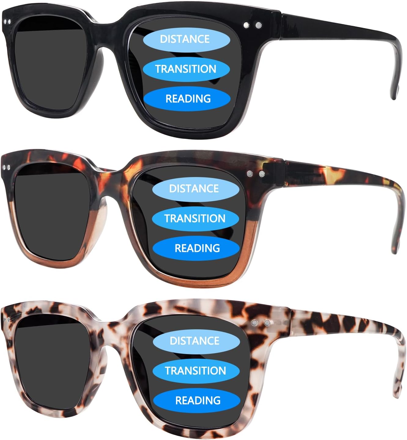 VIDEBLA 3 Pack Progressive Multifocus Reading Sunglasses for Women Men Protection Trifocal Sun Reading Glasses UV400 Readers