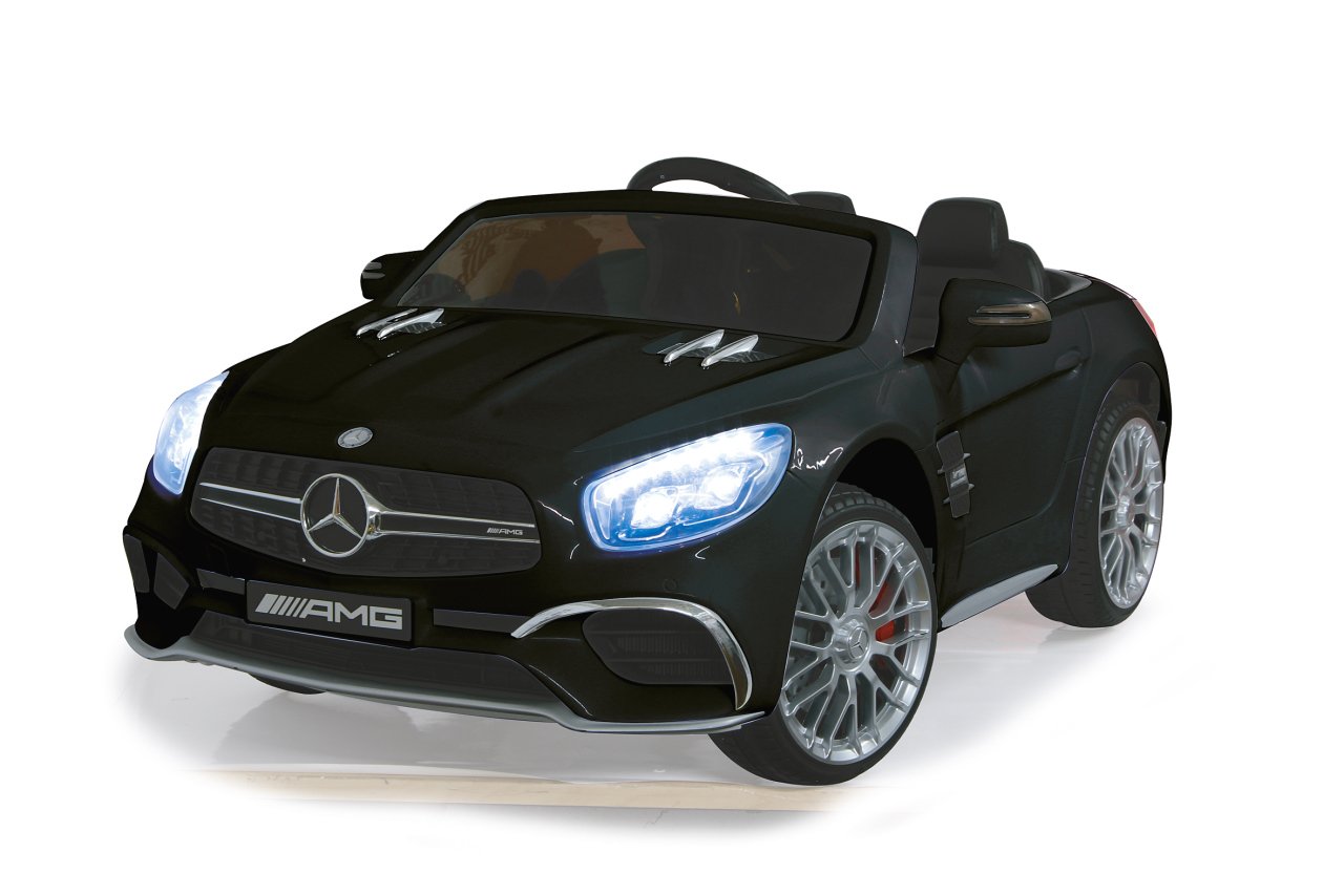 Jamara 460295 – Mercedes SL65 czarny 12 V – miękki start, 2-biegowy, gumowy pasek o ultra chwycie, amortyzator, port AUX i USB, LED, 2 mocne silniki napędowe i akumulator zapewniający długi czas jazdy