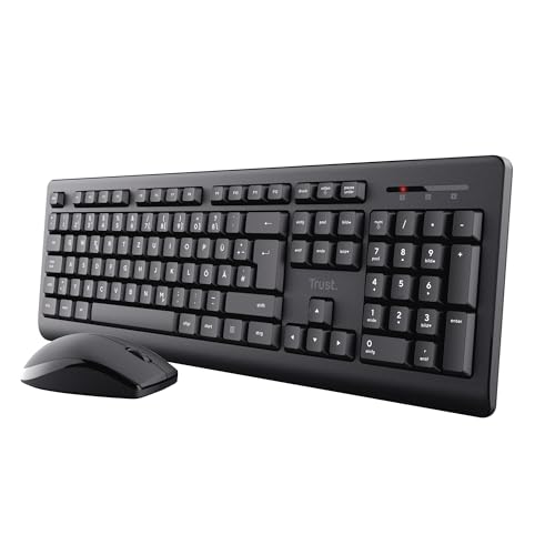 Trust Primo - Juego de Teclado y ratón inalámbrico, diseño alemán QWERTZ, Teclas Planas, a Prueba de Salpicaduras, ratón inalámbrico ambidiestro, Receptor USB, Teclado inalámbrico para PC, Ordenador,