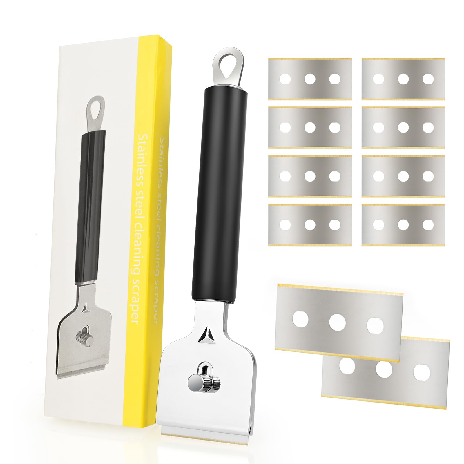 EHDIS Ceramic Hob Scraper with 10pcs Titanium Coated Blades – Metal Razor Blades Scraper Tool for Cooktop, Glass &amp; Stove,Tile | Removes Burnt-On Food &amp; Grease Without Scratching