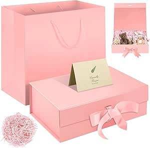 Blaue Magnetische Geschenkbox 32x28x13.5cm - Mit Schleife, Raffia & Grußkarte