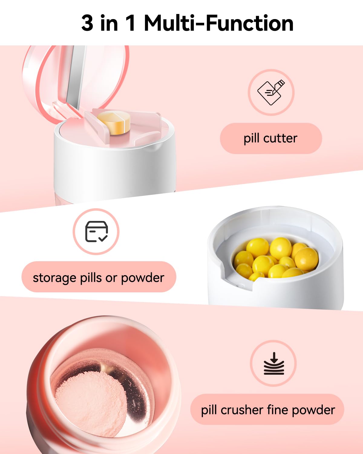Pill Crusher Fine Powder - Cotatoc 3-in-1 Pill Crusher with Stainless Steel Grinding Pestle, Portable Pill Cutter and Crusher for Elderly and Pets (Pink) — Amazon image 3