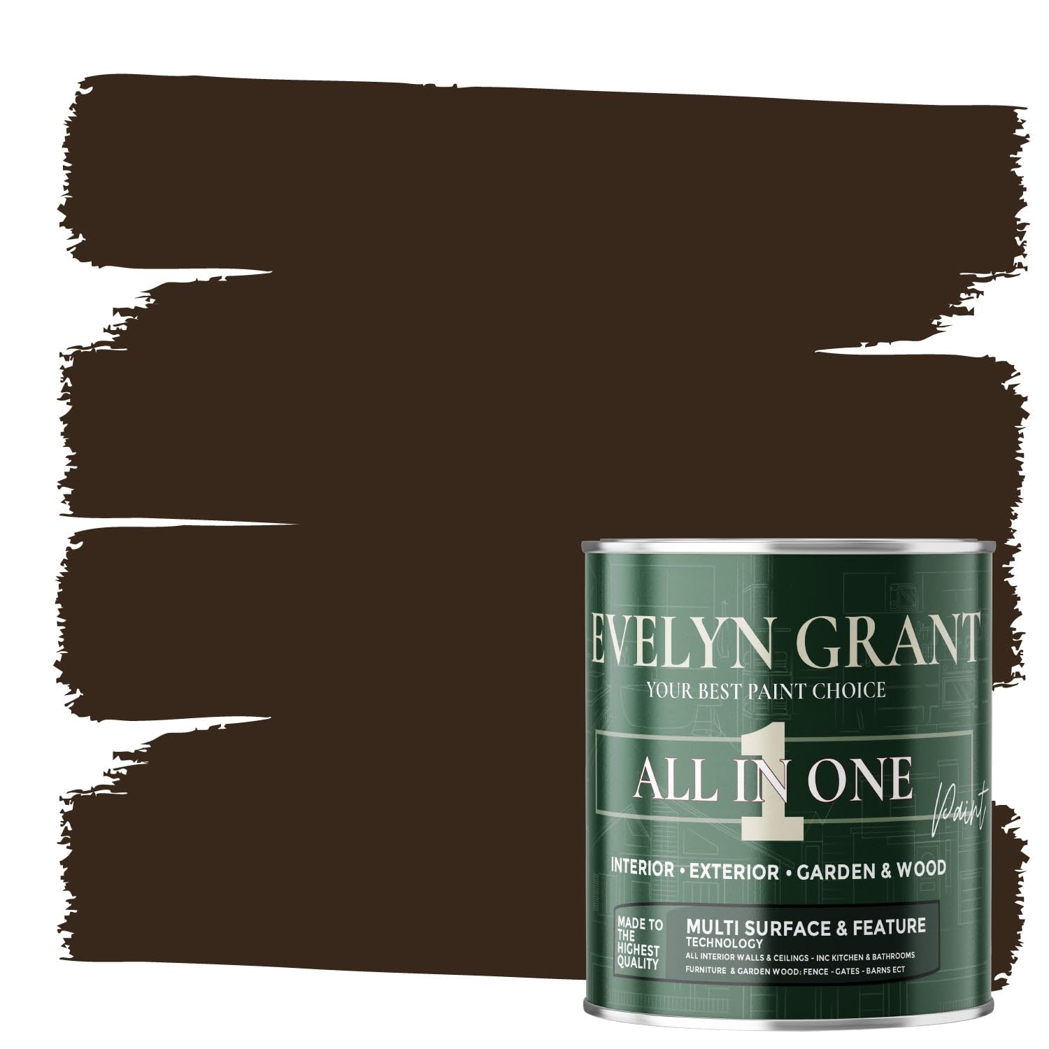Evelyn Grant All-IN-ONE Paint & Primer - Multi-Surface Paint For Interior Walls, Outdoor Garden & Exterior Walls, Wood Furniture | High Durability Multi-Feature - Dark Brown - 2.5L - Matt — image 1