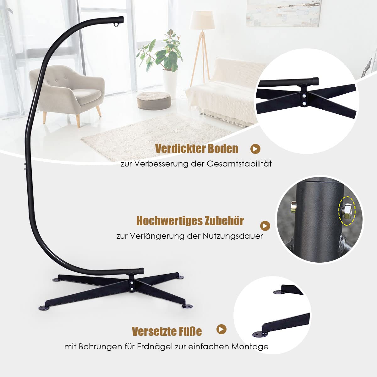 DREAMADE Freistehendes Hängestuhlgestell, Hängesesselgestell Hängesitzständer, Hängestuhl Gestell, stabil für drinnen und draußen, max. 150kg belastbar, Schwarz