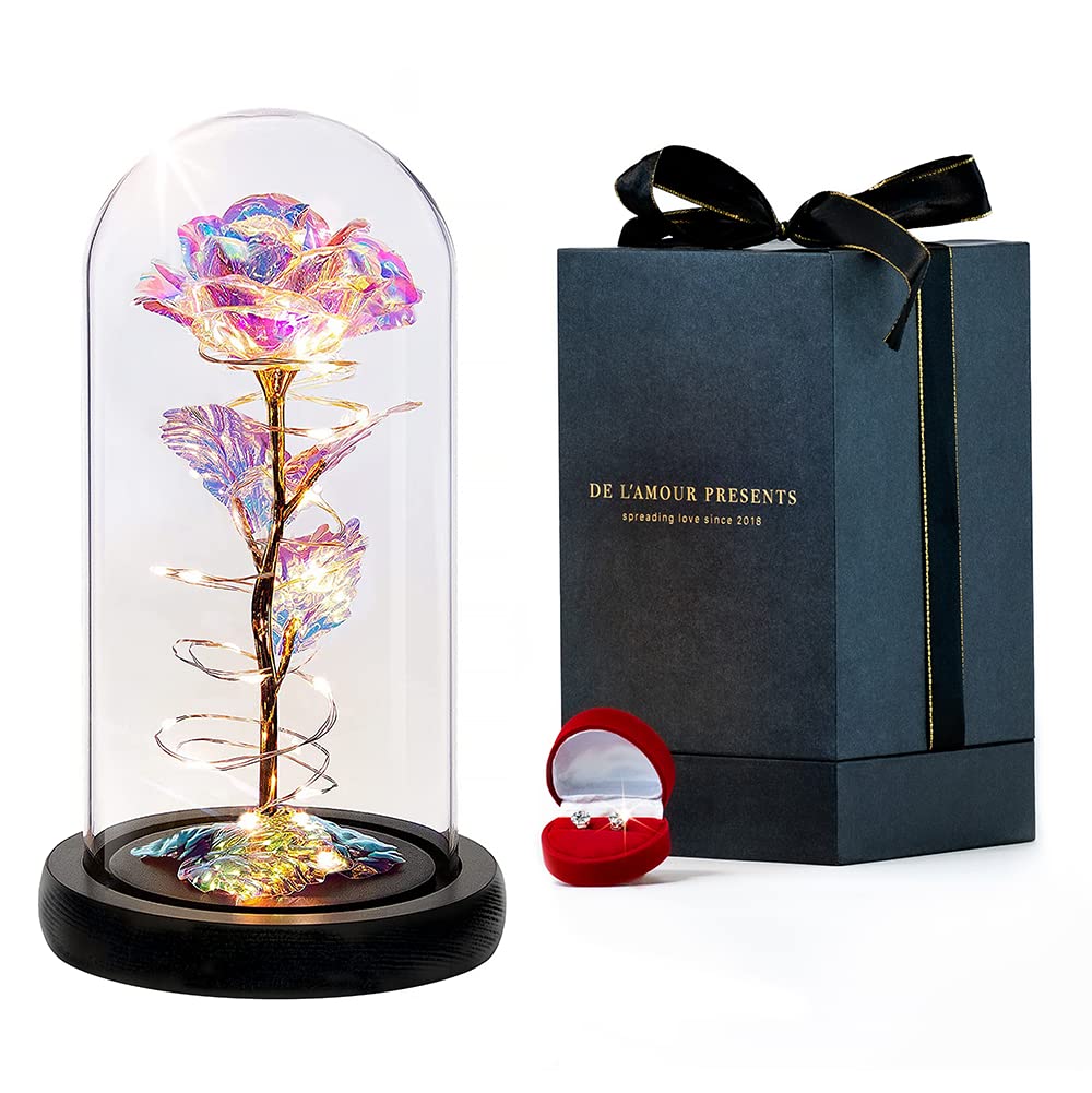 Rosa Eterna Con Luci LED In Cupola Di Vetro - Regalo Romantico Per San Valentino, Donna, Mamma - Foto 3