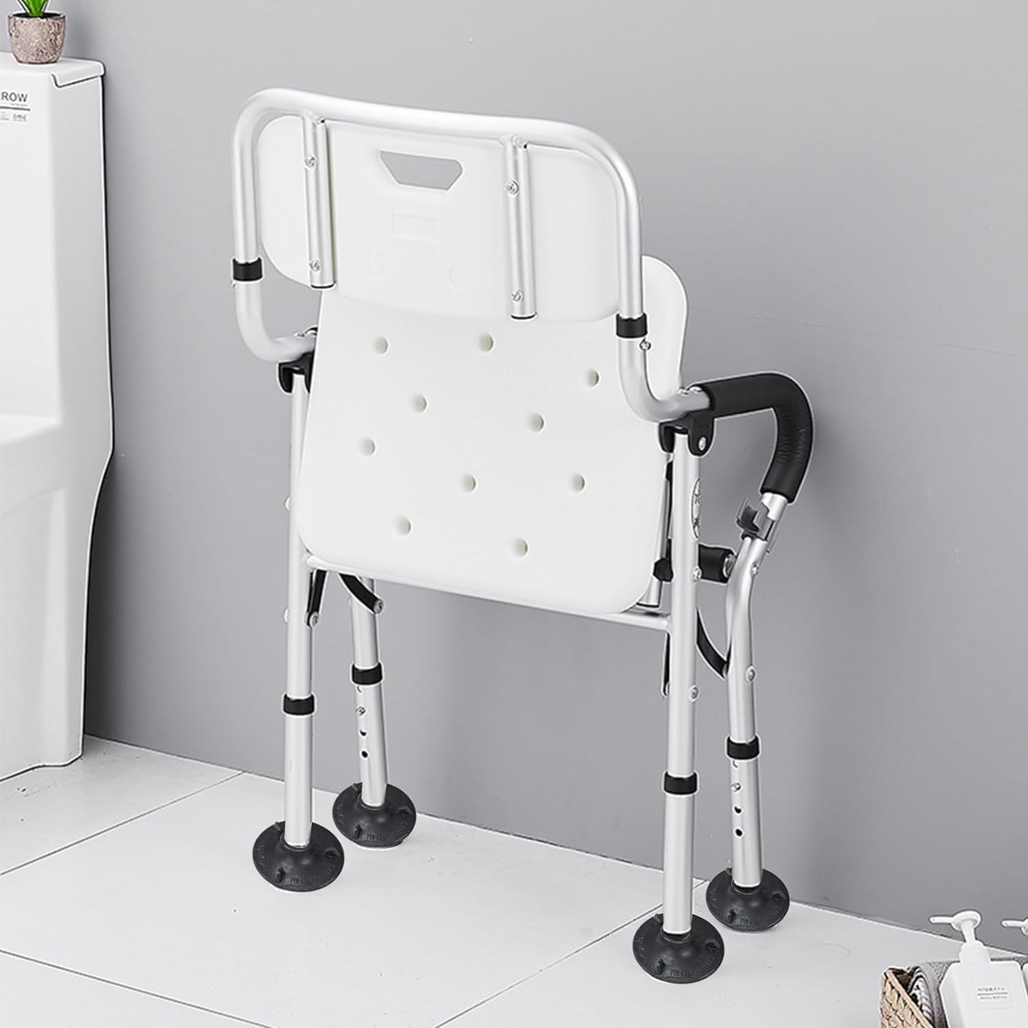 Silla de Ducha Plegable con Respaldo y reposabrazos, Patas Ajustables for bañera, pies Antideslizantes, Asiento de Ducha Plegable for Personas Mayores, discapacitados, Personas Mayores(A)