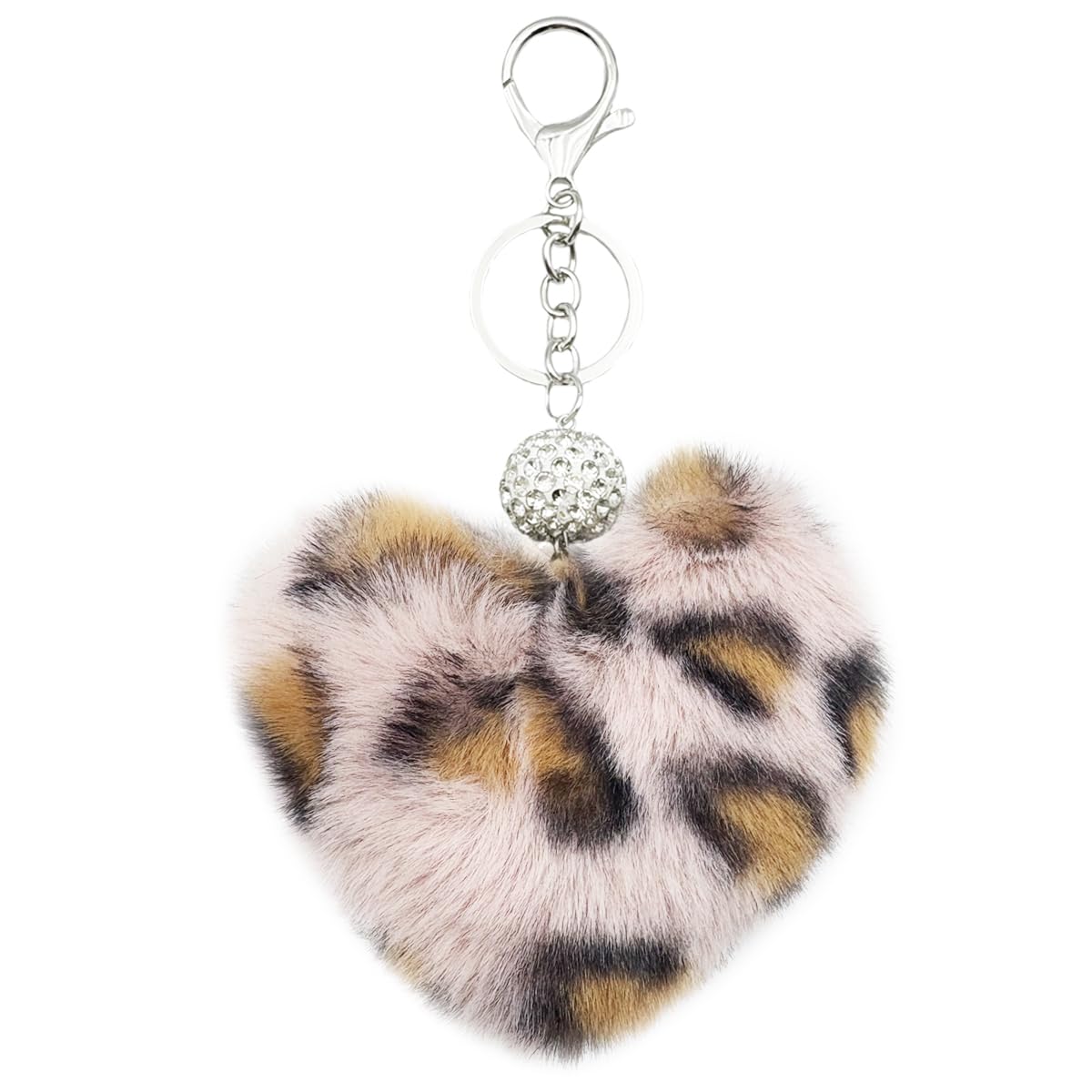 Xsclpomddy Leoparden Liebesherz Pom Pom Schlüsselanhänger Glitzer Kristallstrass Taschen Koffer Rucksäcke Zubehör Charm Auto Schlüsselring