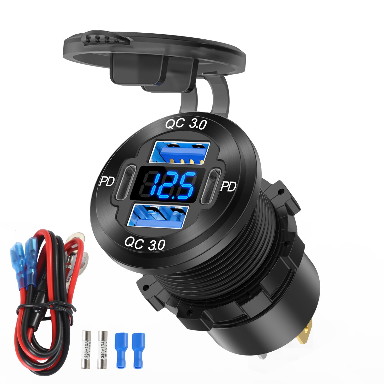 Salida USB de 12 V, cargador de coche de 4 puertos PD3.0 y QC3.0