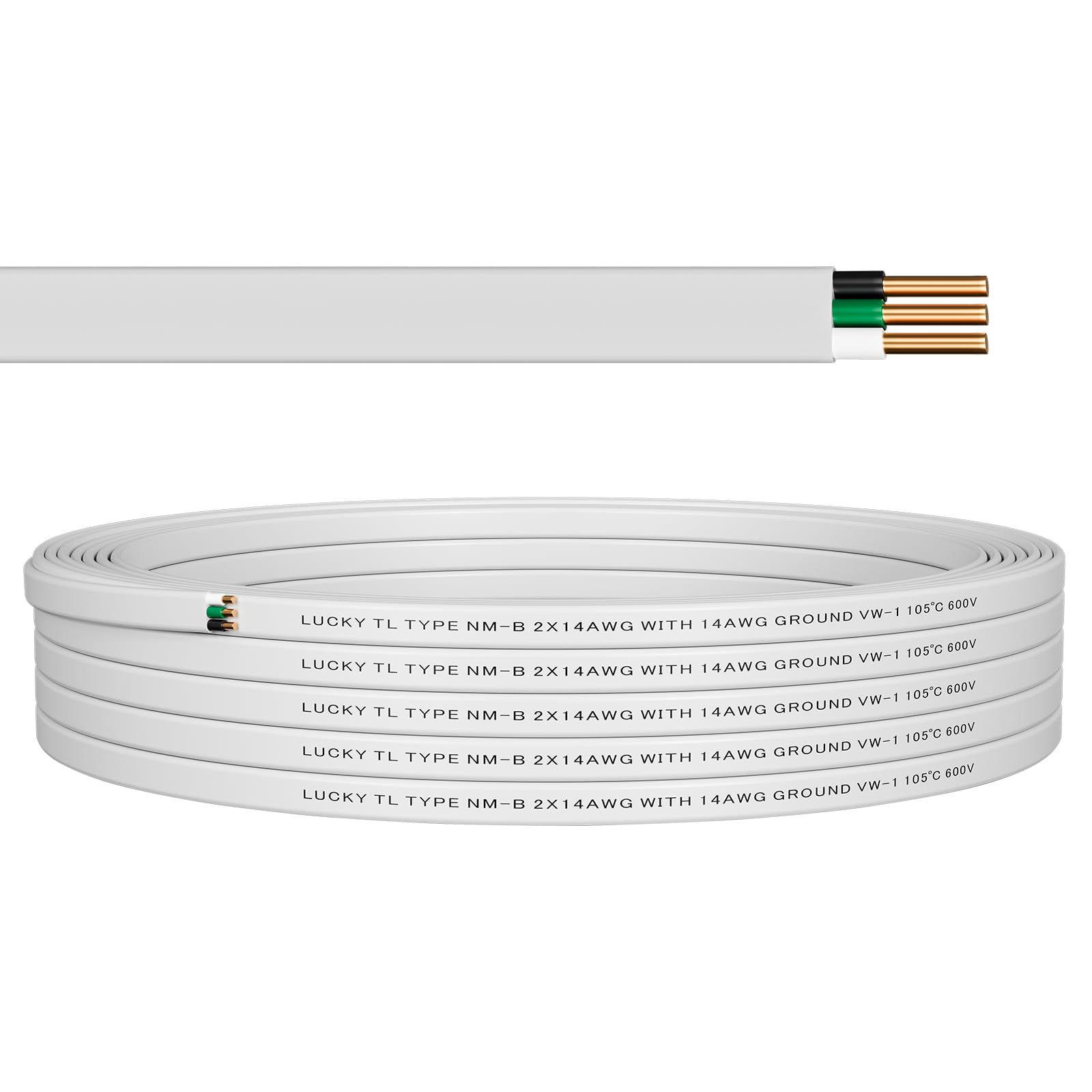 LUCKY TL Cable 14/2 NM-B con tierra, 100 pies, 14 AWG 2 conductores | Hecho de cobre puro, adecuado para interruptores de iluminación, enchufes y otras cargas eléctricas