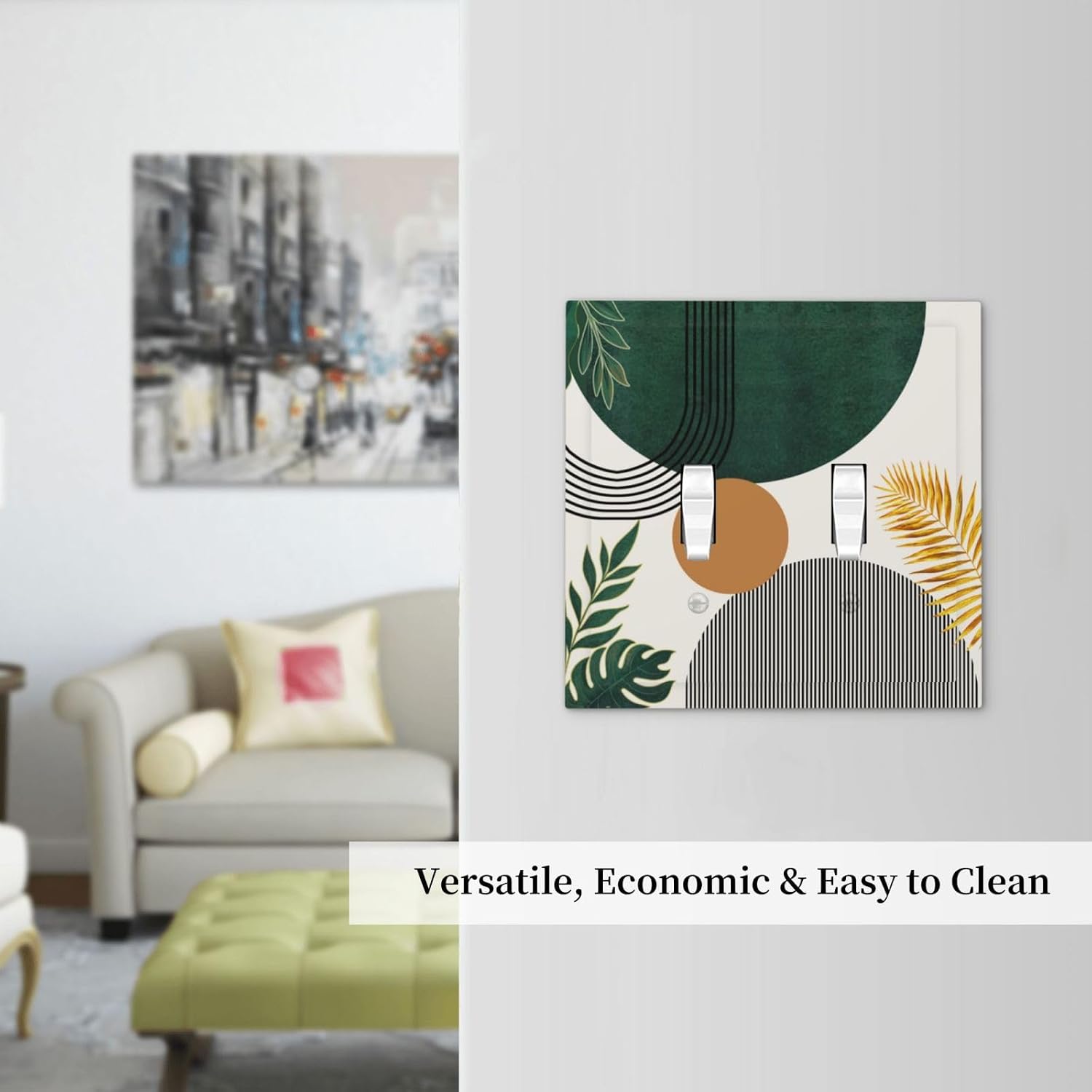 Decorative Light Switch Cover Plate Boho Minimalism Green Leaf Mid Sun 2 Gang Outlet Covers Double Toggle Wall Plates for Electrical Outlets Switch Plate Covers Faceplate for Home Decor