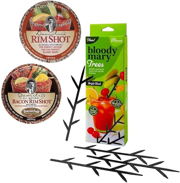 Bloody Mary Gift Set of 3 Items  Set of 4 Bloody Mary Trees Plus Demitris Spiced Rim Salt in Original and Bacon Flavored (Black)