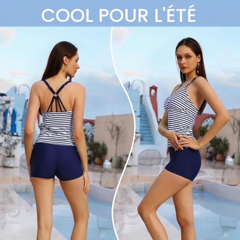 JASAMBAC Maillot de bain tankini pour femme, deux pièces, imprimé floral, short haut, tank top, cordon de serrage, lavage en machine - sécher à l'ombre