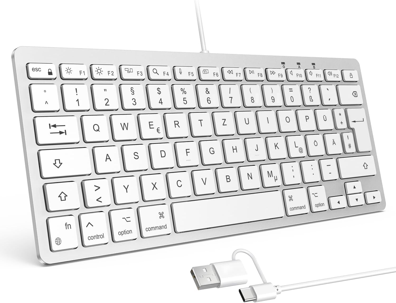 OMOTON Kabelgebundene-Mac-Tastatur, Tastatur Kabel mit Dualem Anschluss (Type C/USB), Flüsterleise Tasten & Stabiler Verbindung, Deutsches Layout (QWERTZ) kompatibel mit MacBook, iMac, Mac mini