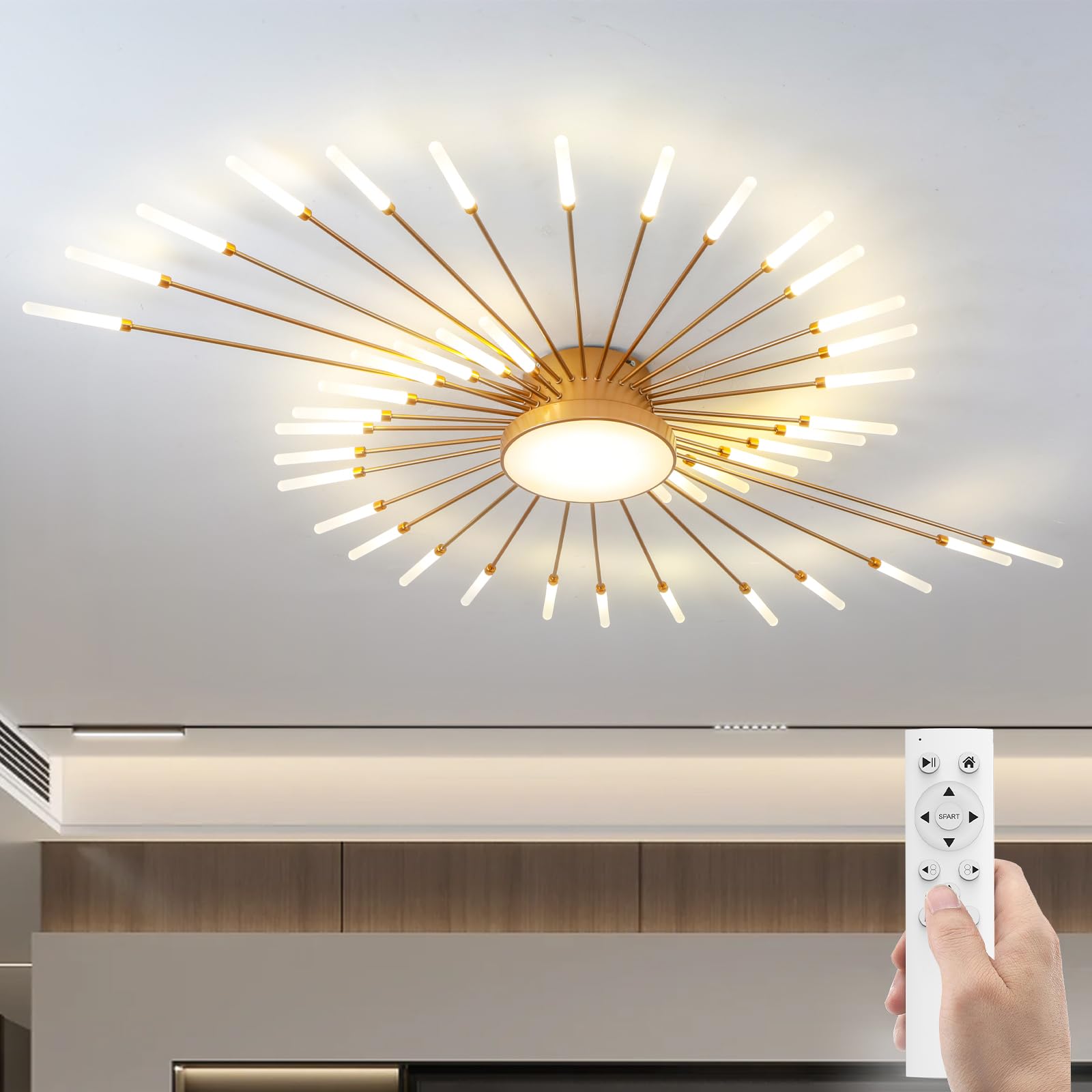 RRBEST Moderna lampada da soffitto con telecomando, lampada da soffitto a LED dorata, dimmerabile, design moderno, per camera da letto, sala da pranzo, ristorante (oro, 42 + 1 teste)